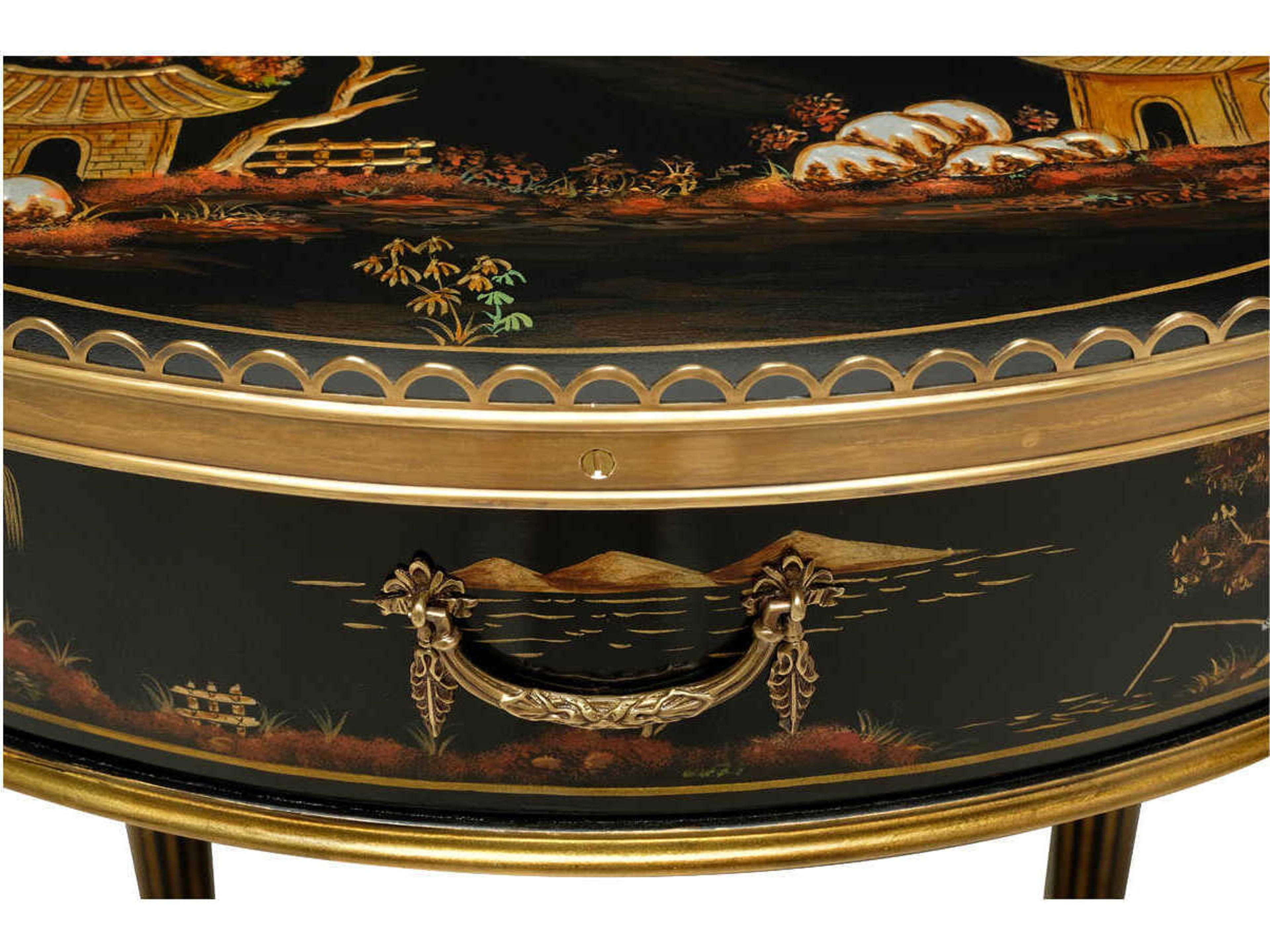 Maitland Smith Silk Round Wood Chinoiserie Black End Table