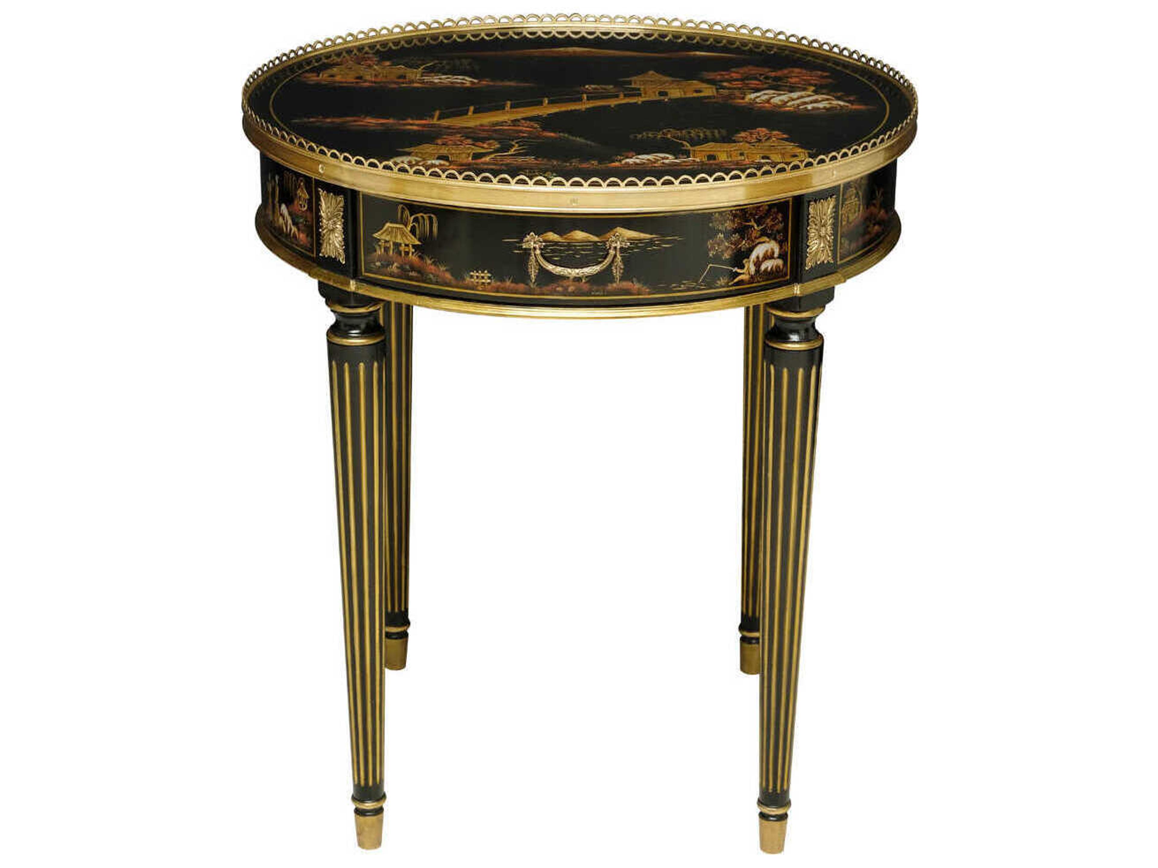 Maitland Smith Silk Round Wood Chinoiserie Black End Table