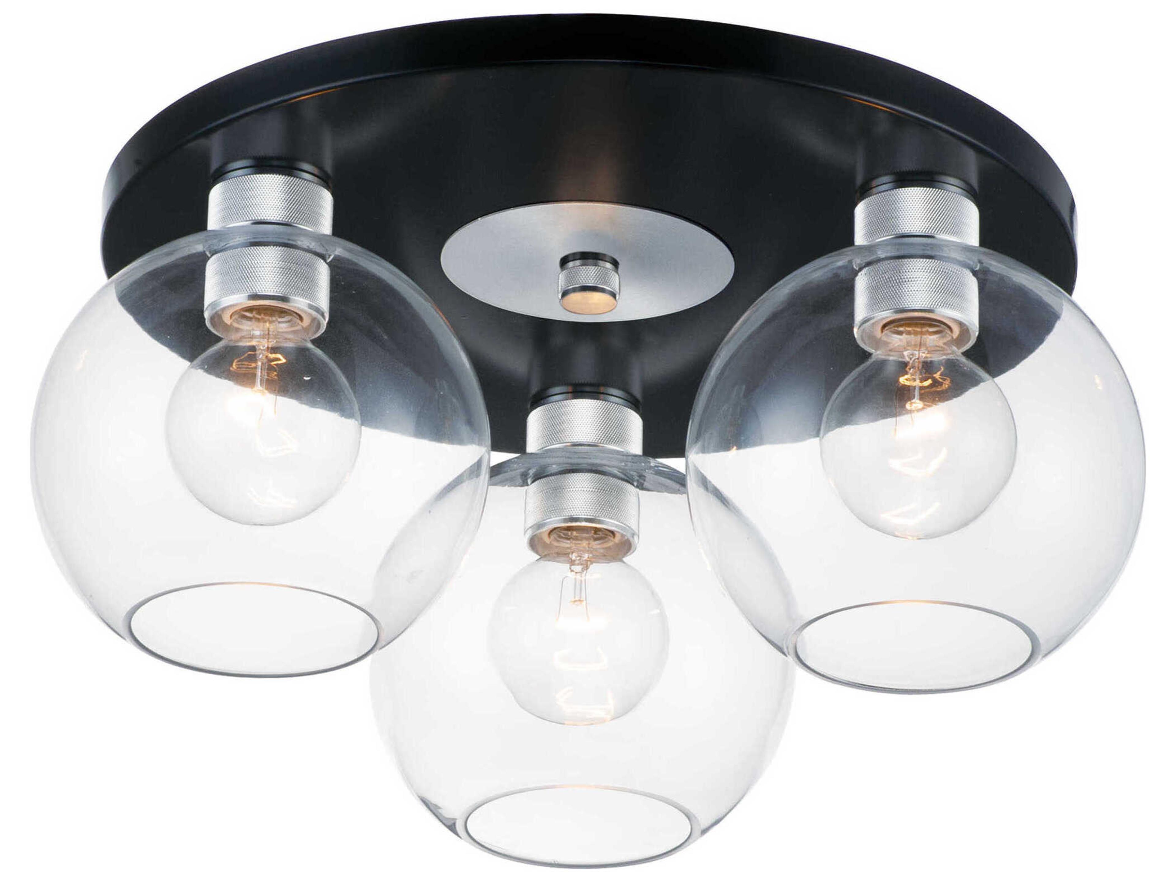 Vessel 3-Light Black Brushed Aluminum Clear Glass Globe Flush Mount