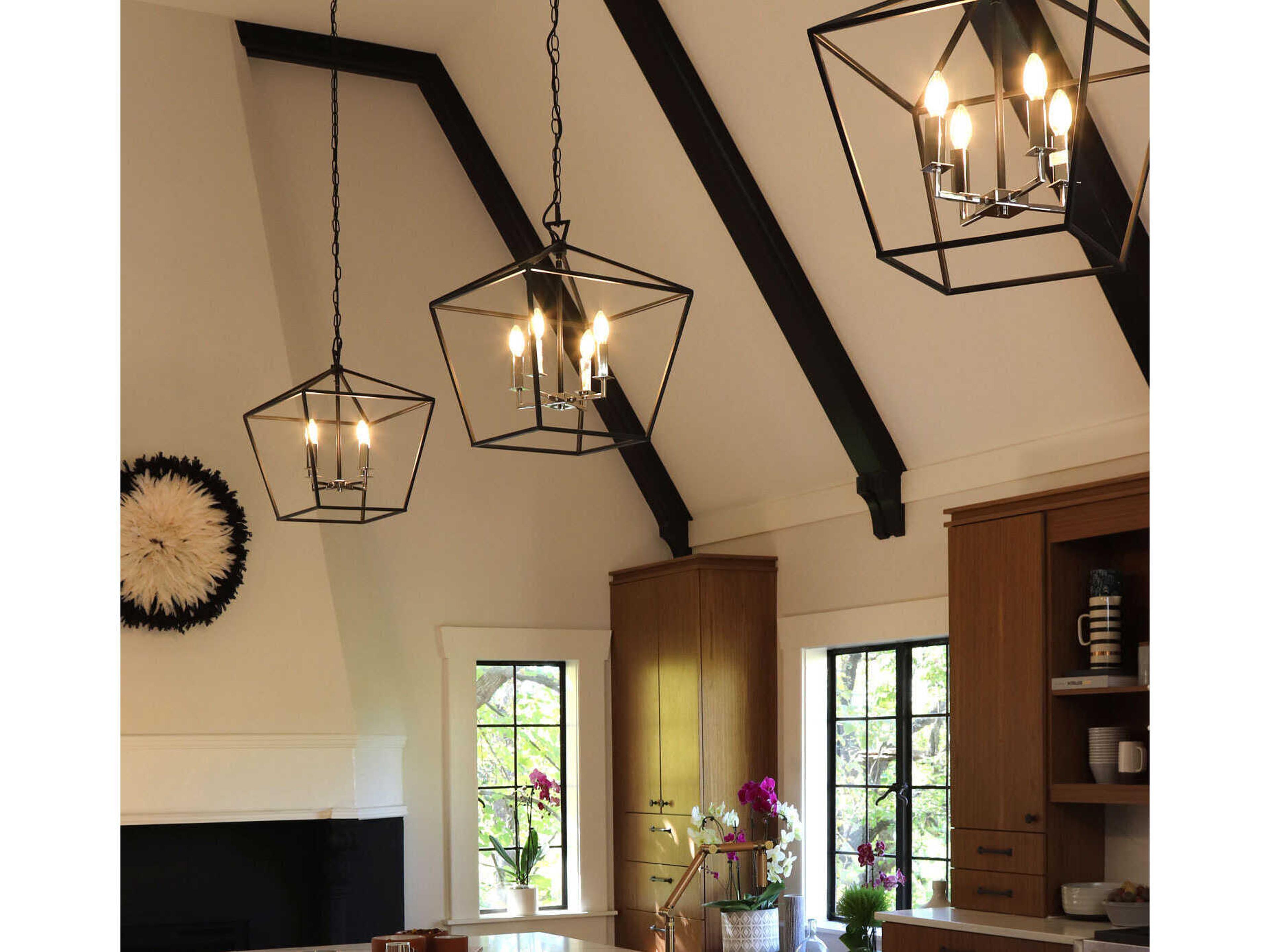 Maxim Lighting Abode 4-Light Textured Black Polished Nickel Candelabra Geometric Lantern Chandelier