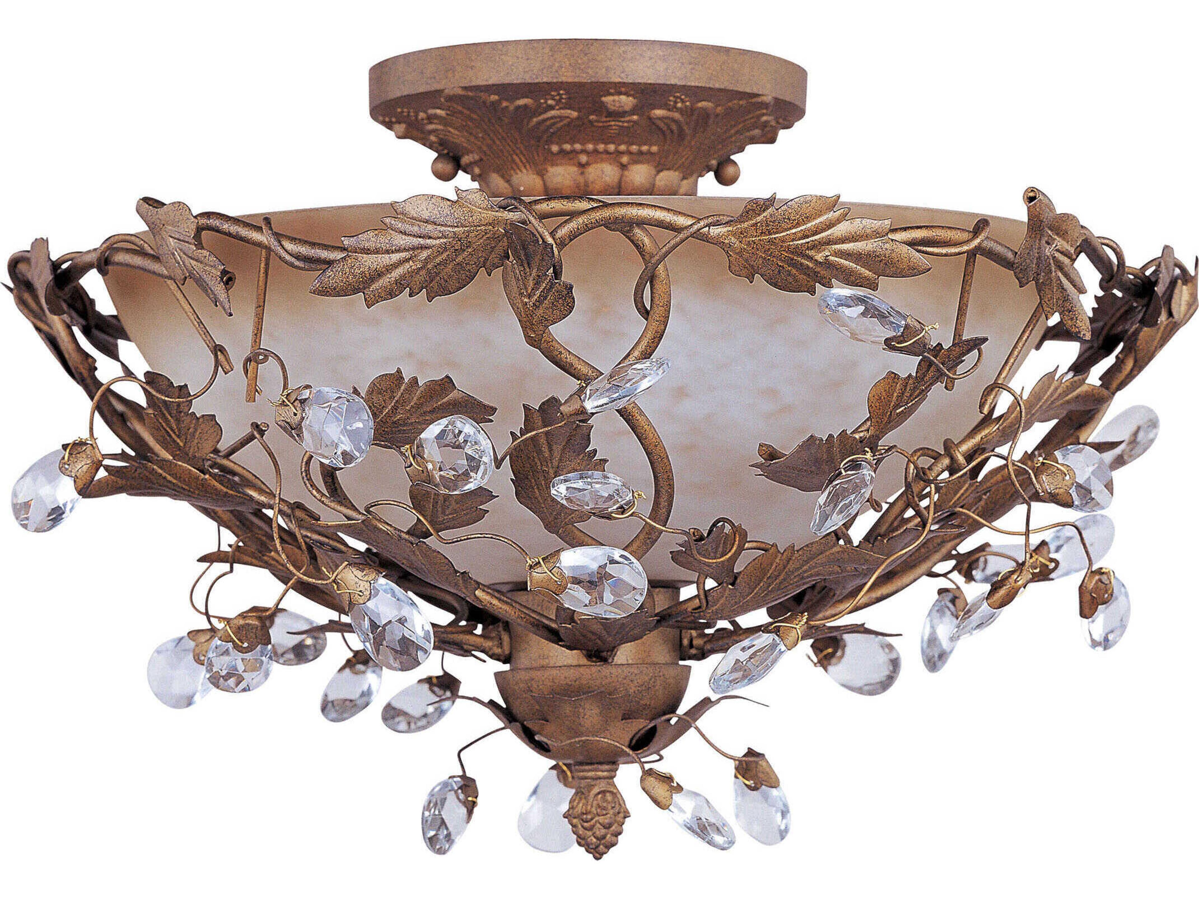 Elegante 3-Light Etruscan Gold Crystal Glass Bowl Semi Flush Mount