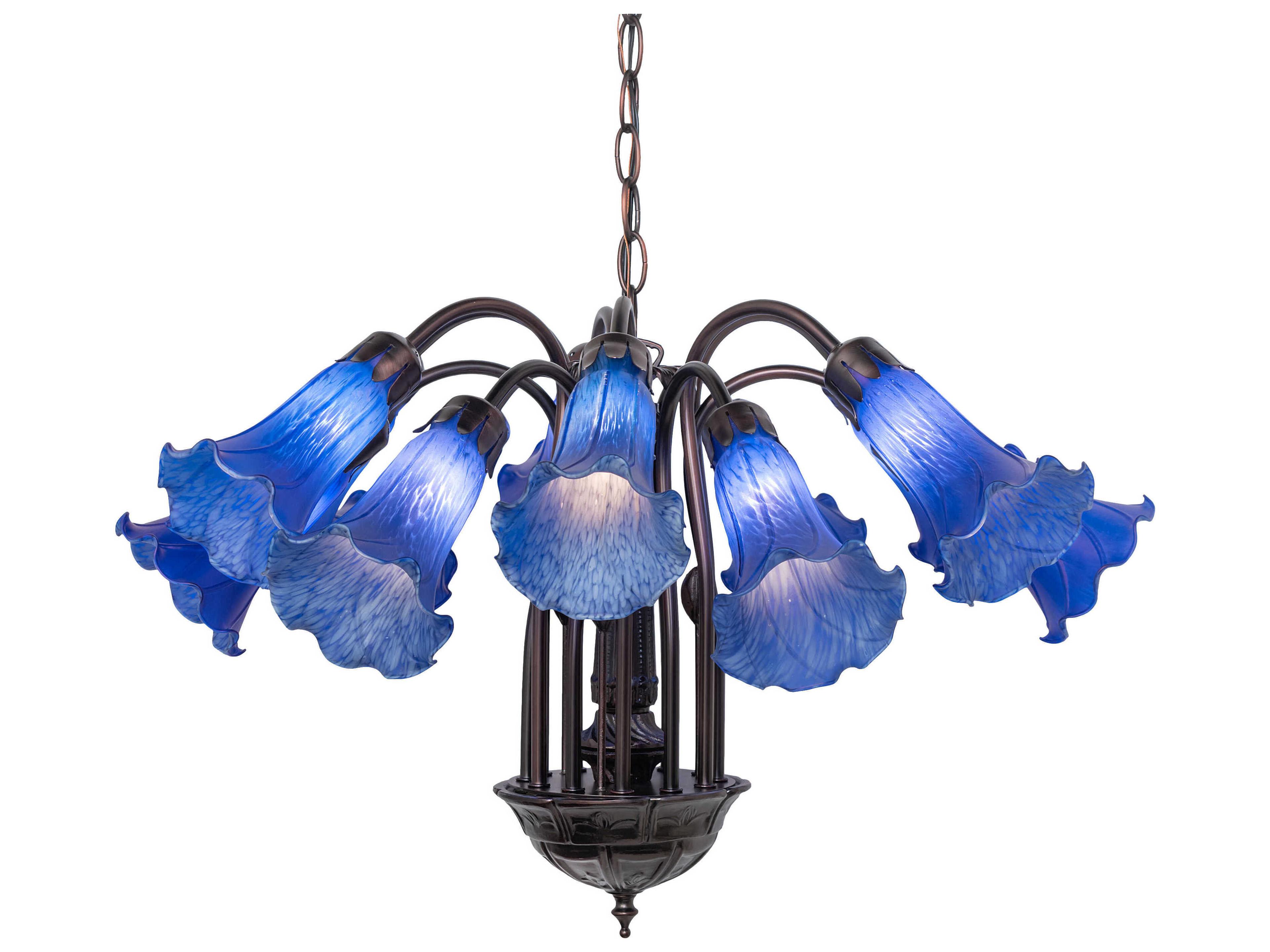Pond Lily 7-Light Mahogany Bronze Blue Glass Bell Chandelier