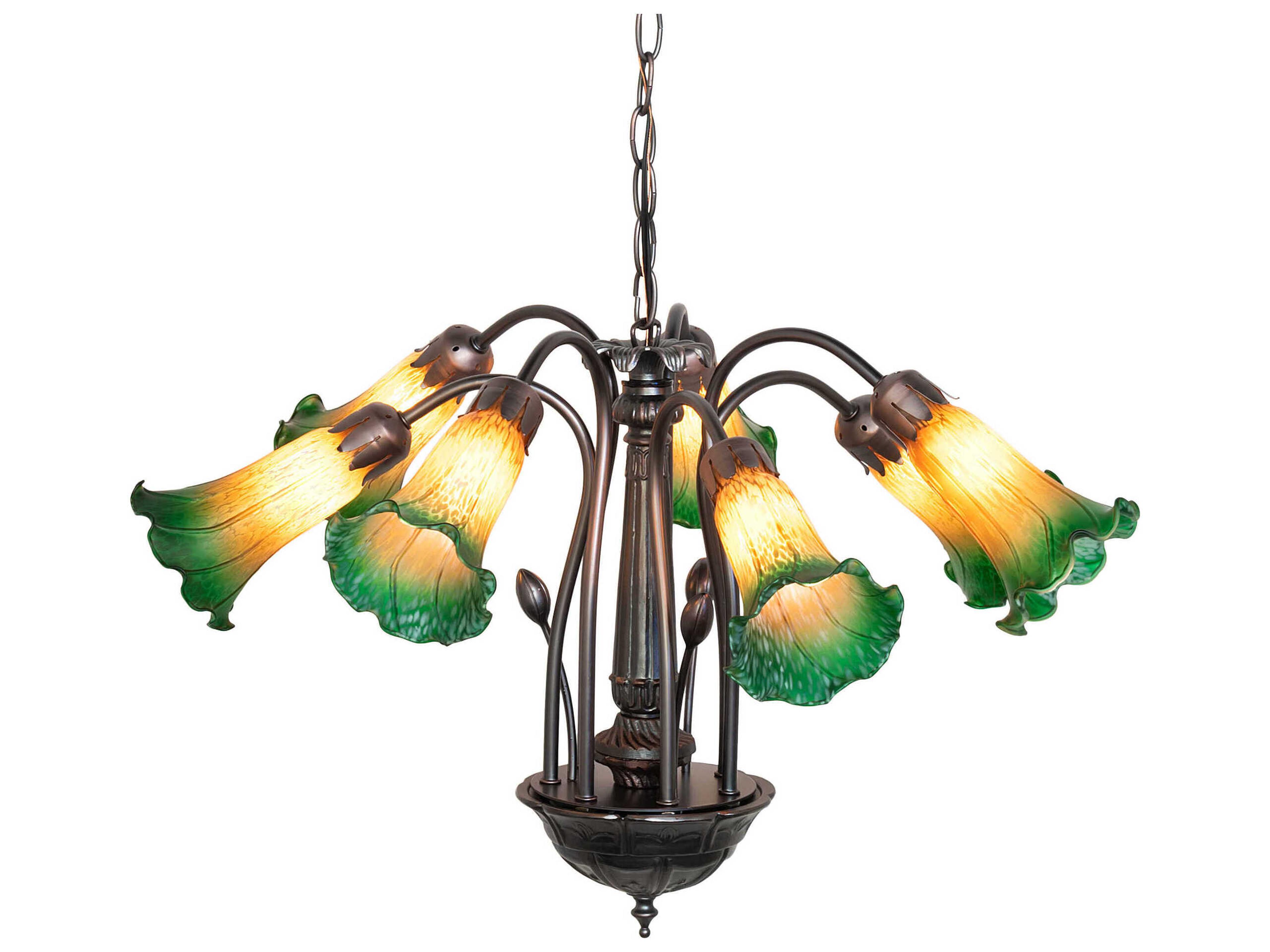 Pond Lily 7-Light Mahogany Bronze Green Glass Bell Chandelier