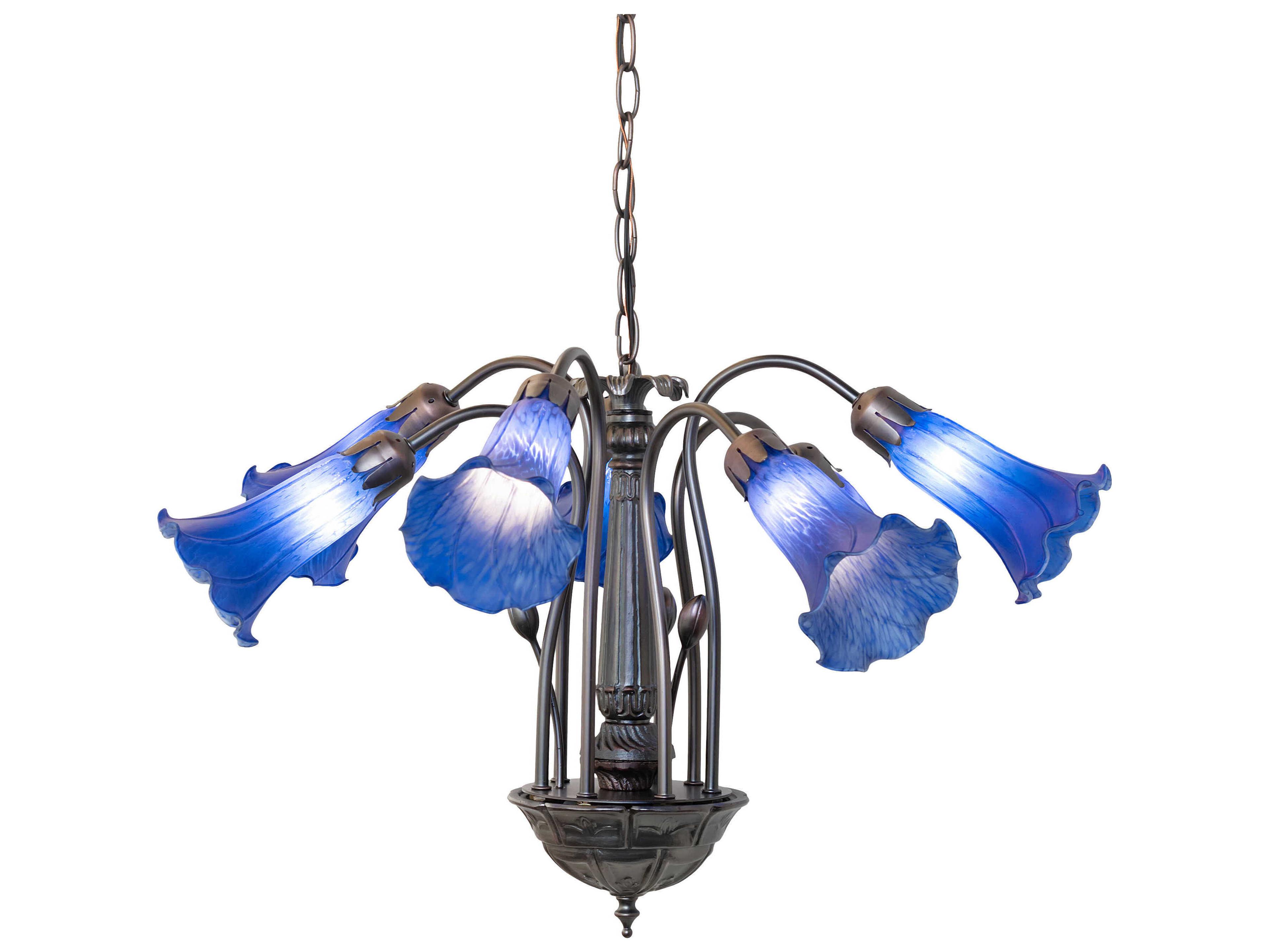 Pond Lily 7-Light Mahogany Bronze Blue Glass Bell Chandelier
