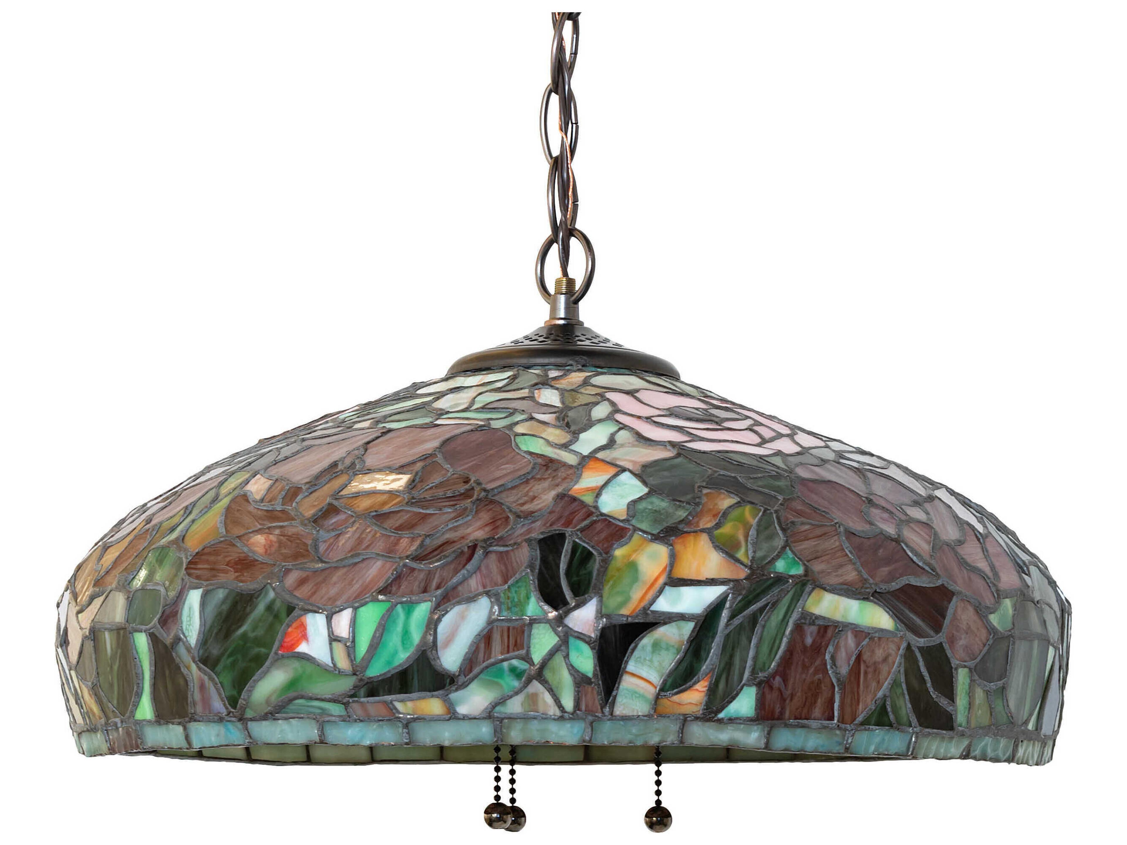 Meyda Peony 3-Light Mahogany Bronze Glass Tiffany Dome Pendant