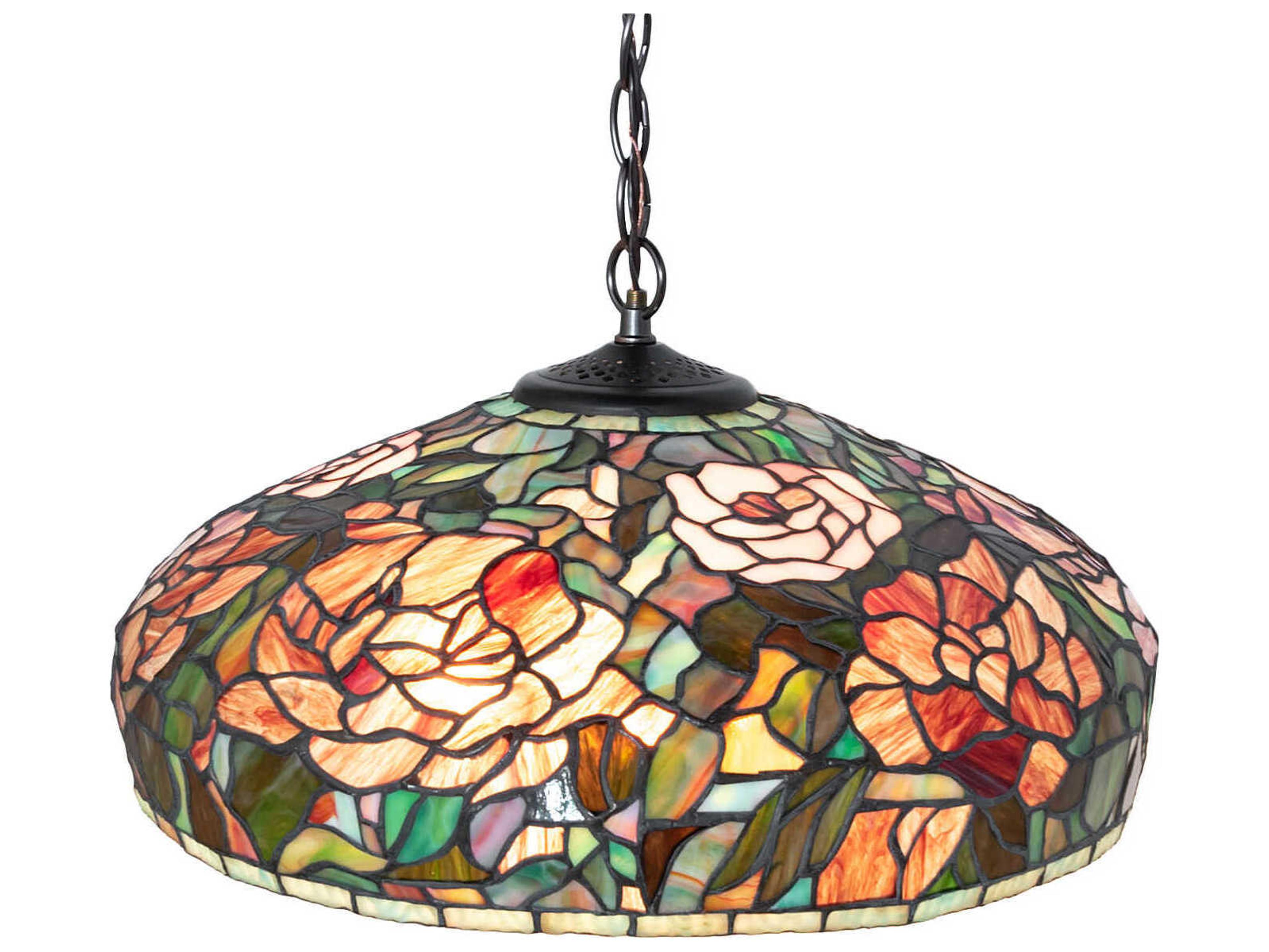 Meyda Peony 3-Light Mahogany Bronze Glass Tiffany Dome Pendant