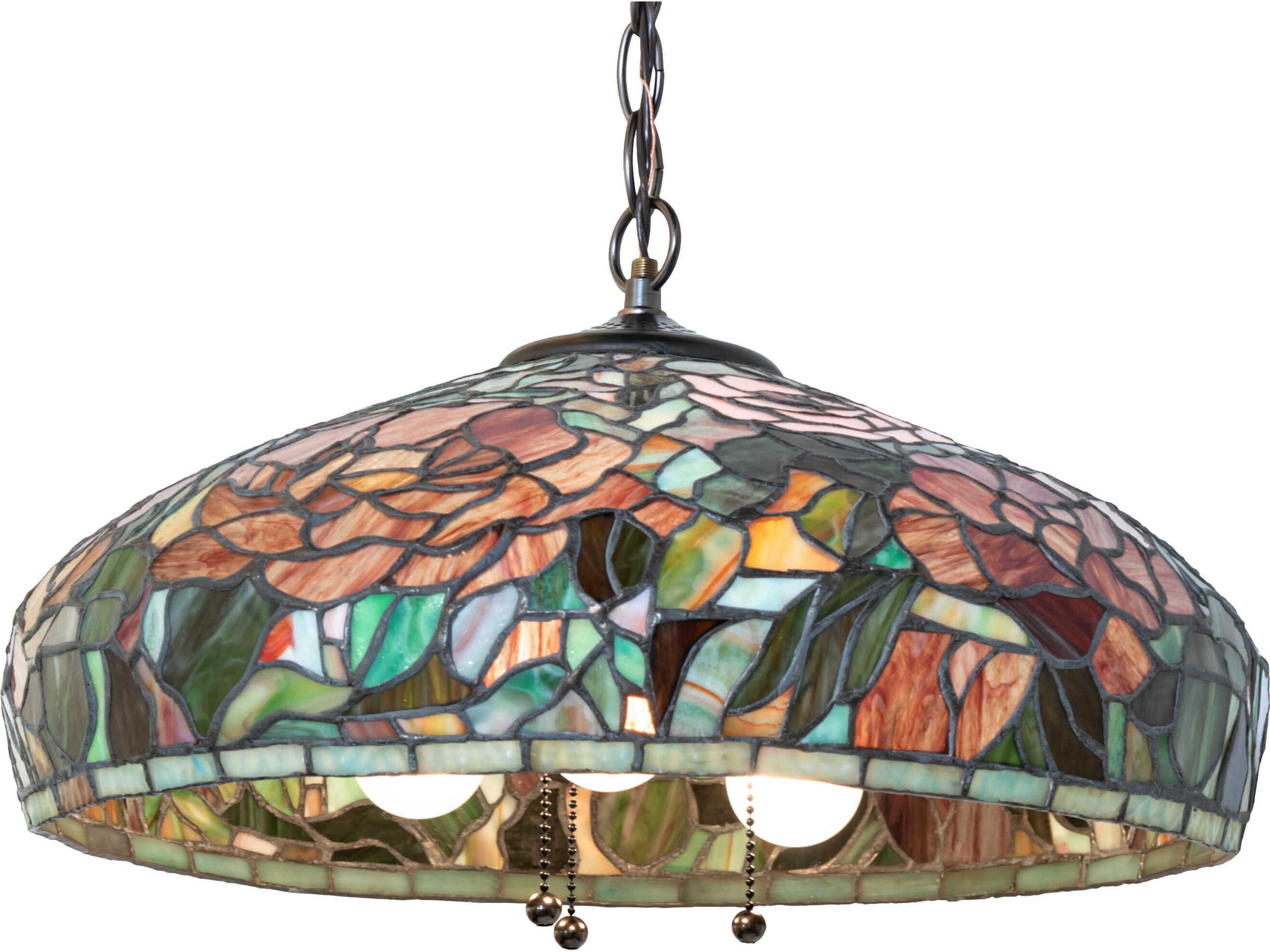 Meyda Peony 3-Light Mahogany Bronze Glass Tiffany Dome Pendant