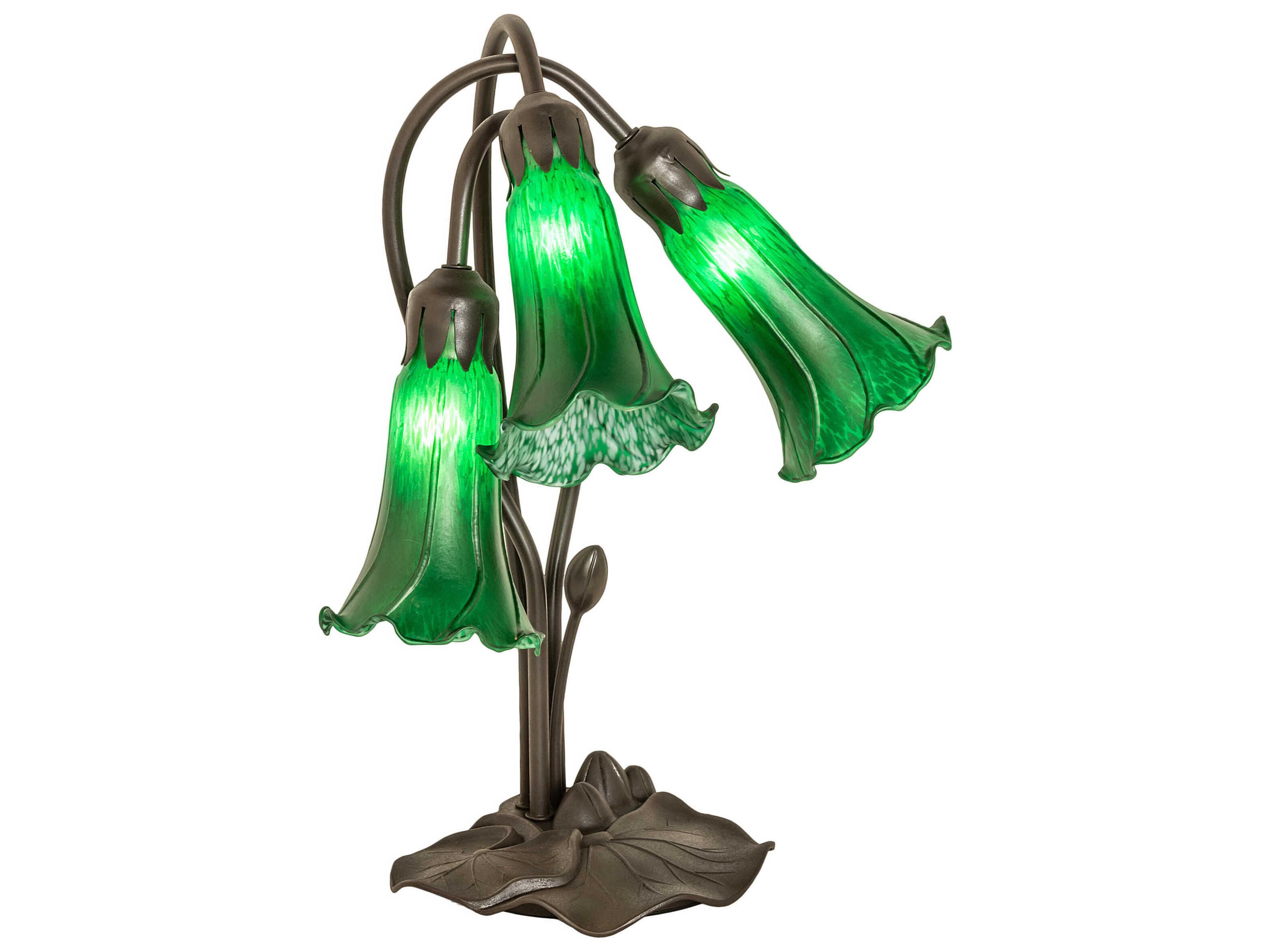 Pond Lily Mahogany Bronze Tiffany Table Lamp with Green Glass Shade