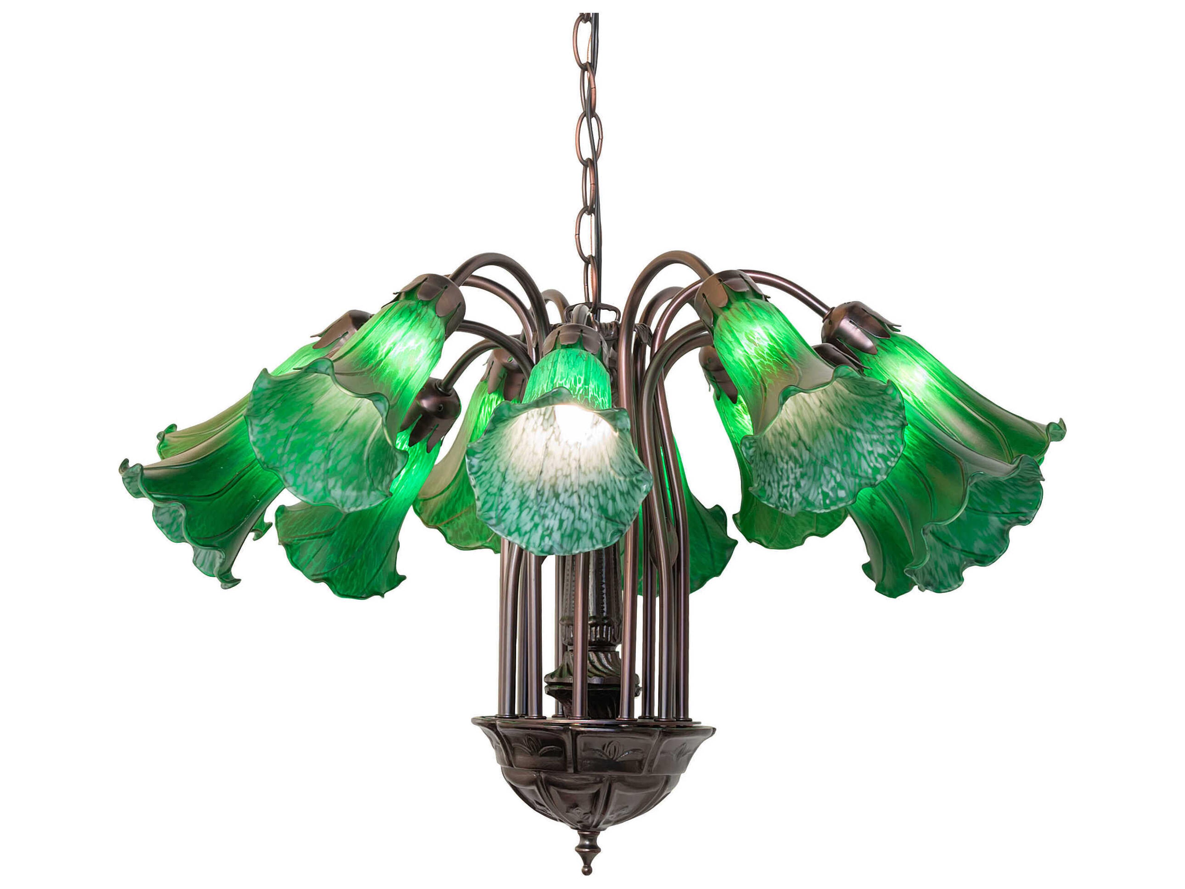 Pond Lily 12-Light Mahogany Bronze Green Glass Bell Chandelier