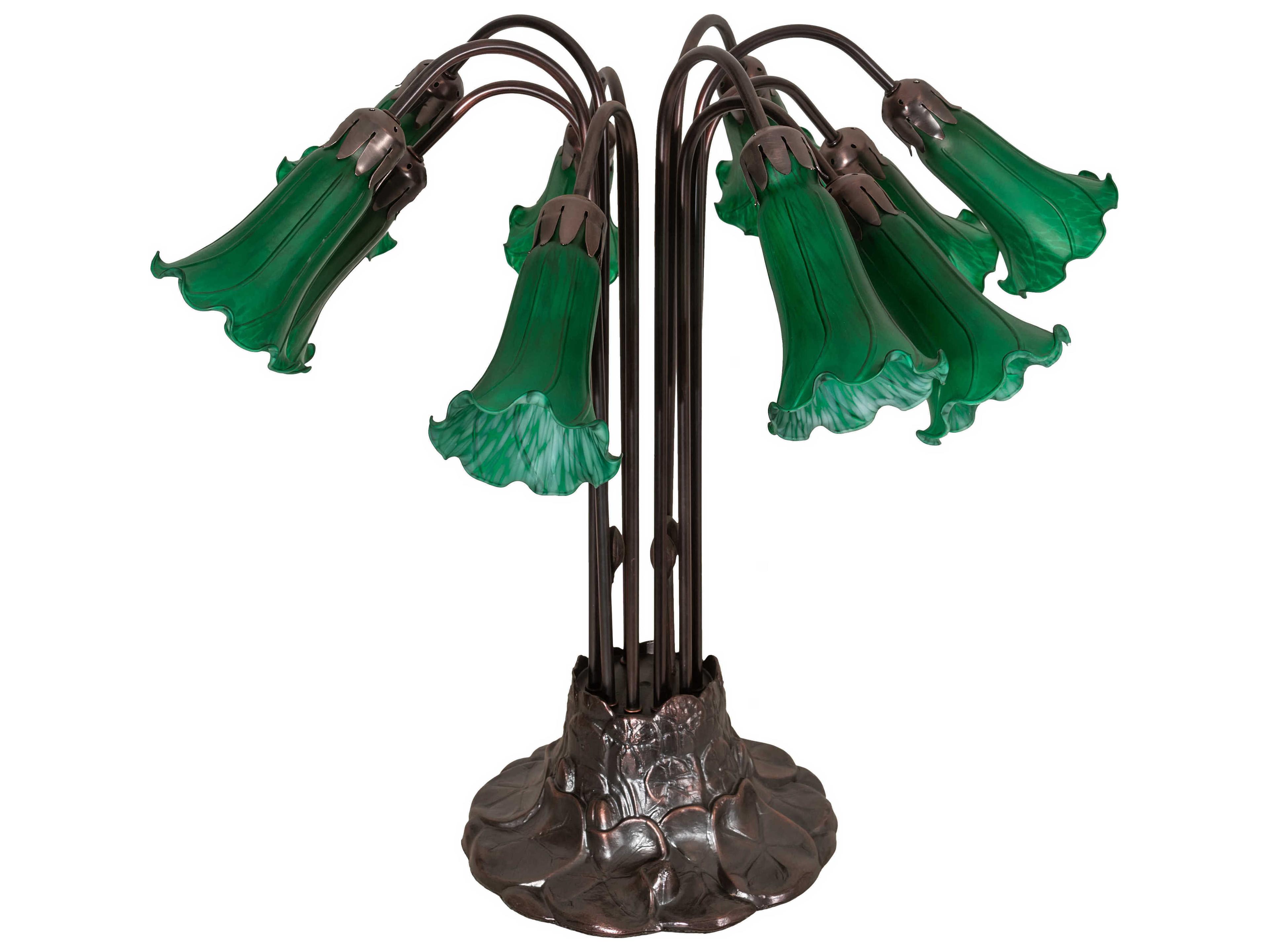 Meyda Pond Lily 10 - Light Mahogany Bronze Tiffany Table Lamp with Green Glass Shade