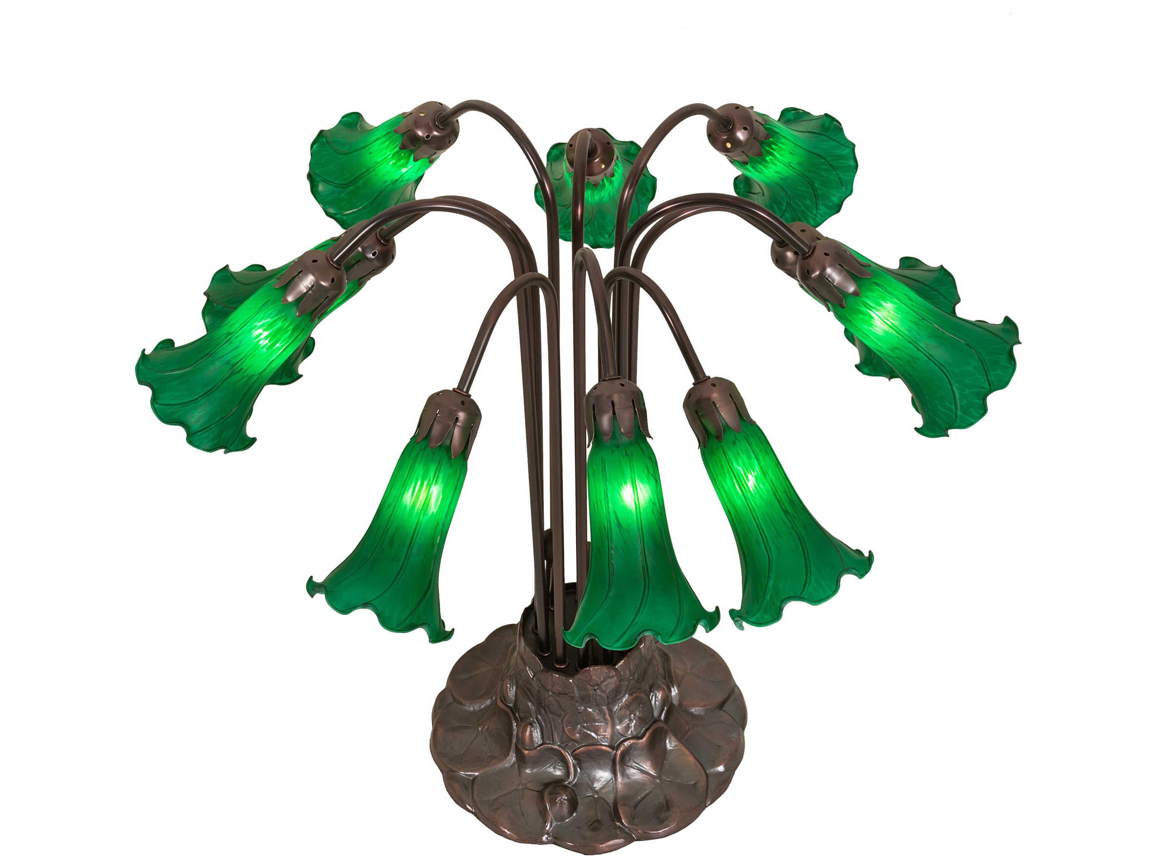 Meyda Pond Lily 10 - Light Mahogany Bronze Tiffany Table Lamp with Green Glass Shade