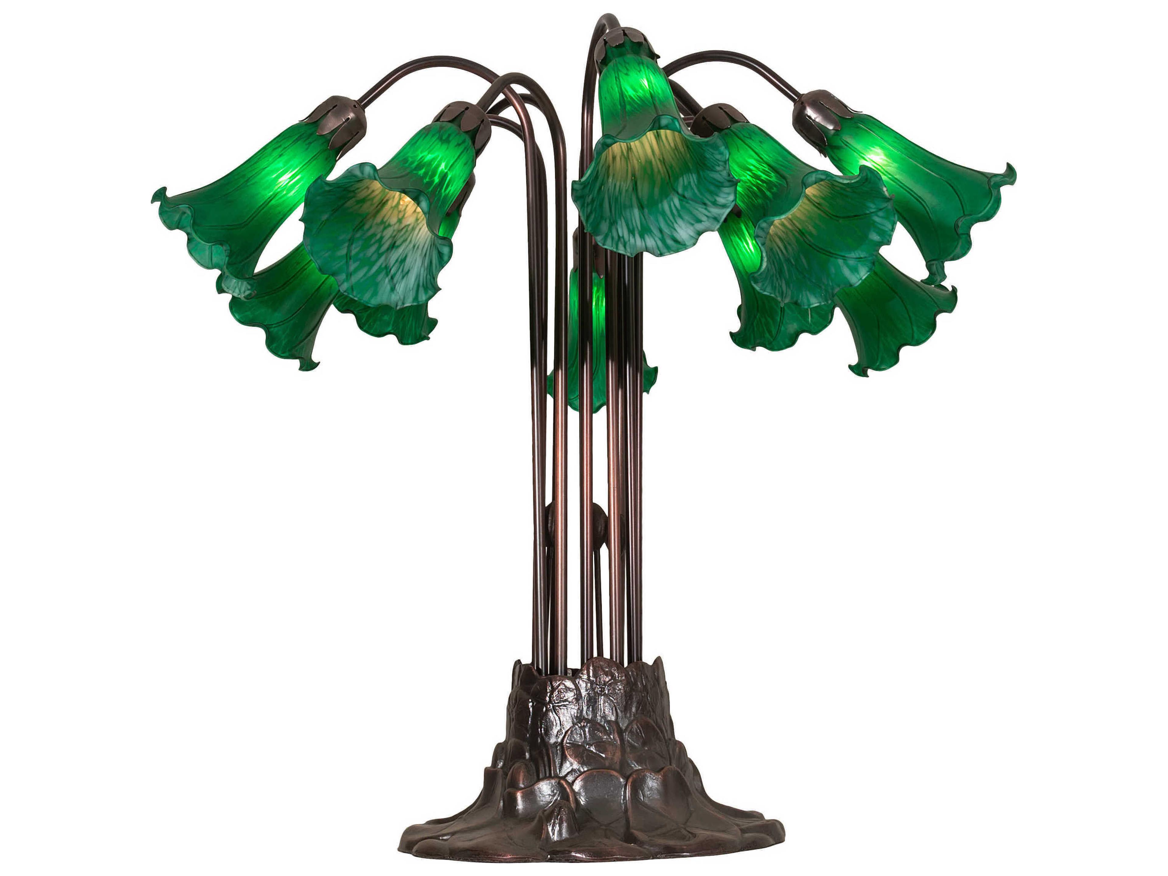 Meyda Pond Lily 10 - Light Mahogany Bronze Tiffany Table Lamp with Green Glass Shade