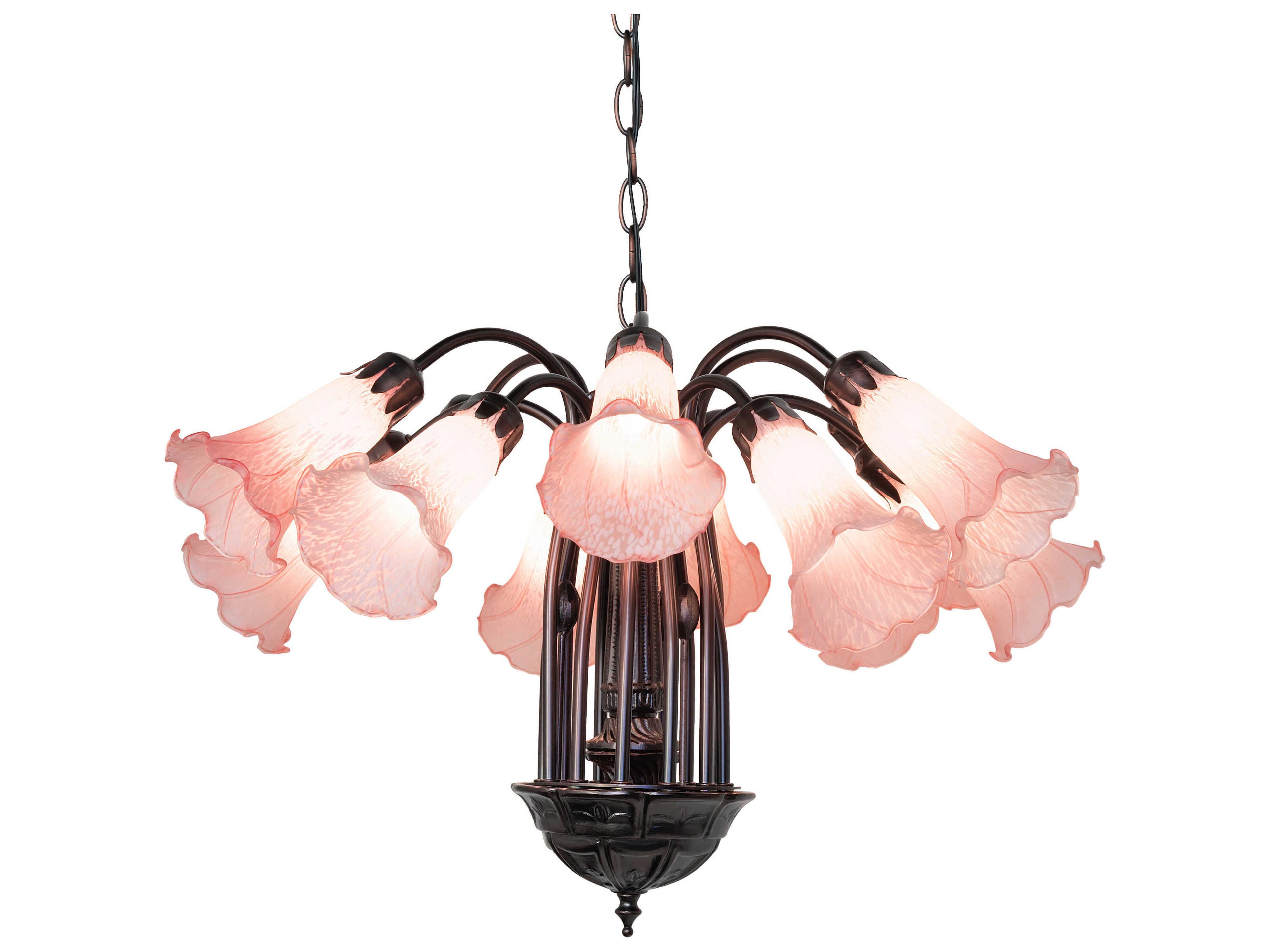 Pond Lily 12-Light Mahogany Bronze Pink Glass Bell Chandelier