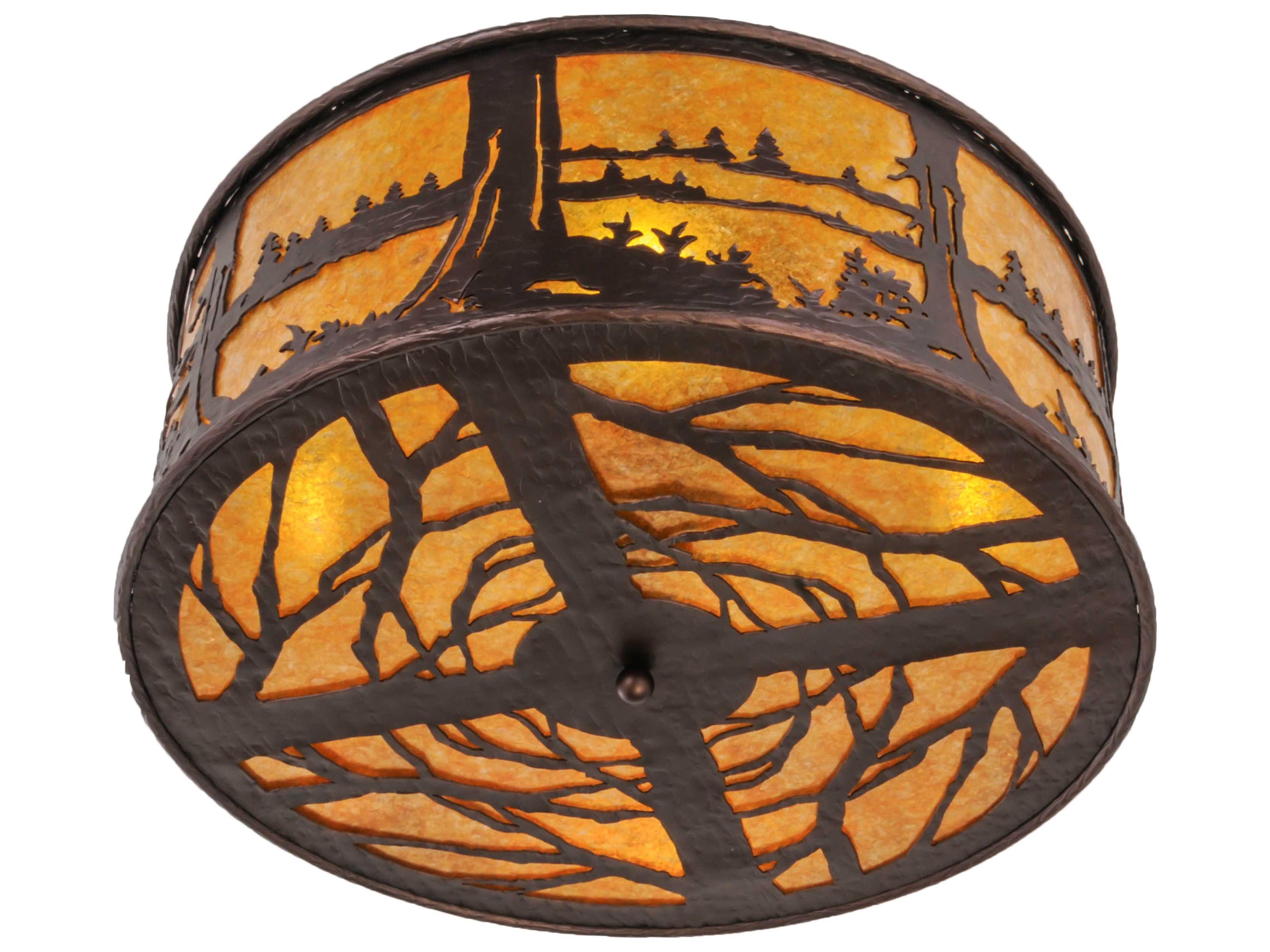 Meyda Quiet Pond 4-Light Mahogany Bronze amber Pinebark Drum Flush Mount