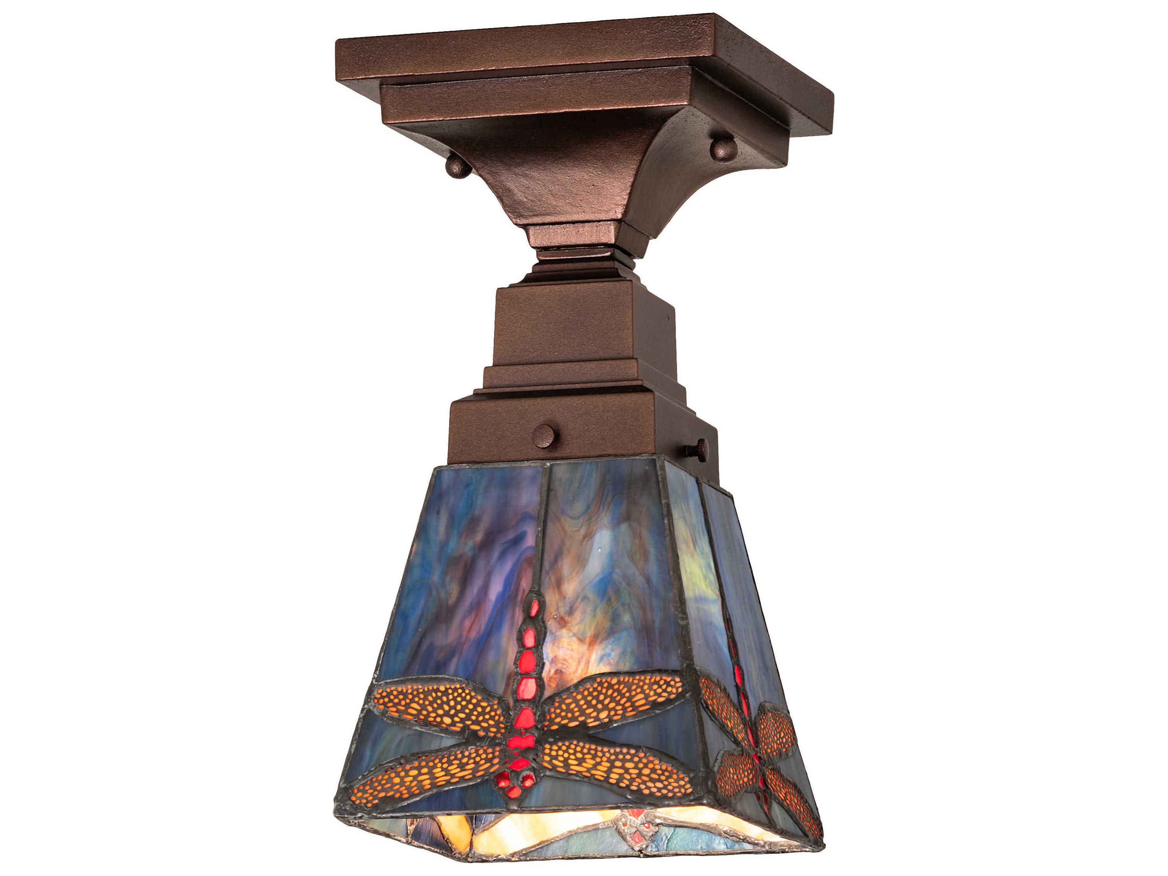 Prairie Dragonfly 1-Light Mahogany Bronze Glass Tiffany Empire Flush Mount