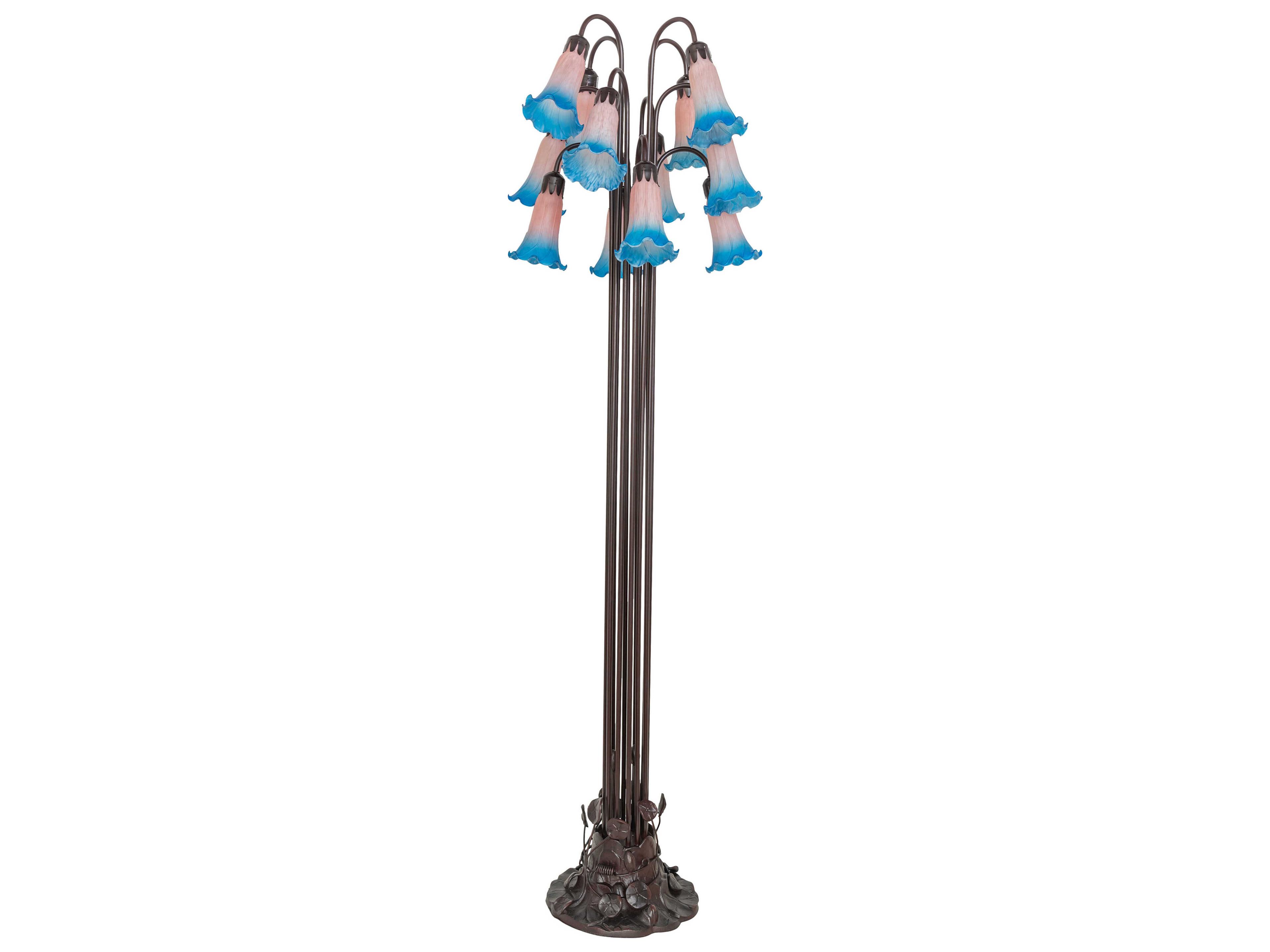 Meyda Pond Lily Mahogany Bronze Pink Blue Glass Floor Lamp with Shade