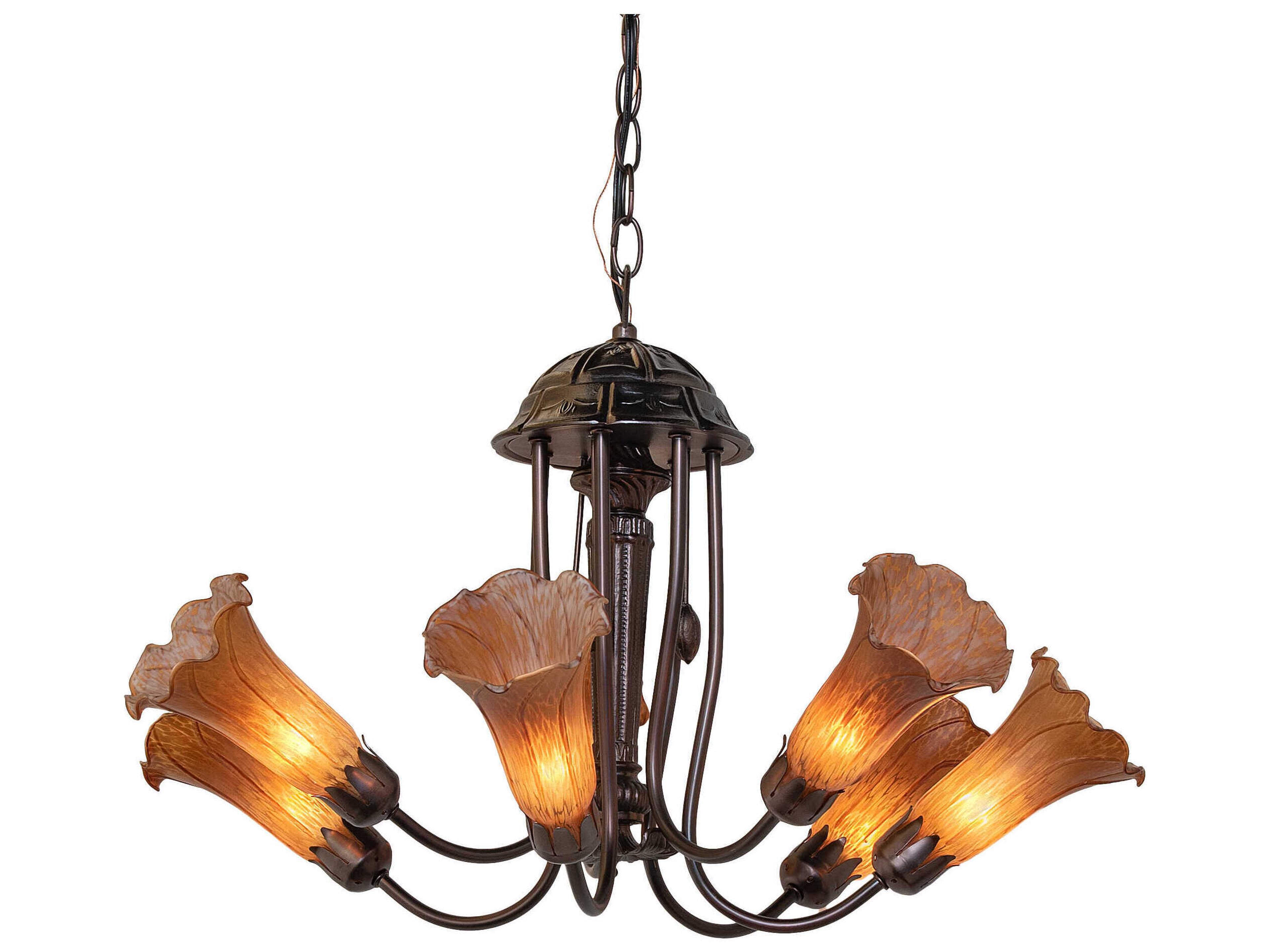 Pond Lily 7-Light Mahogany Bronze Orange Glass Bell Chandelier