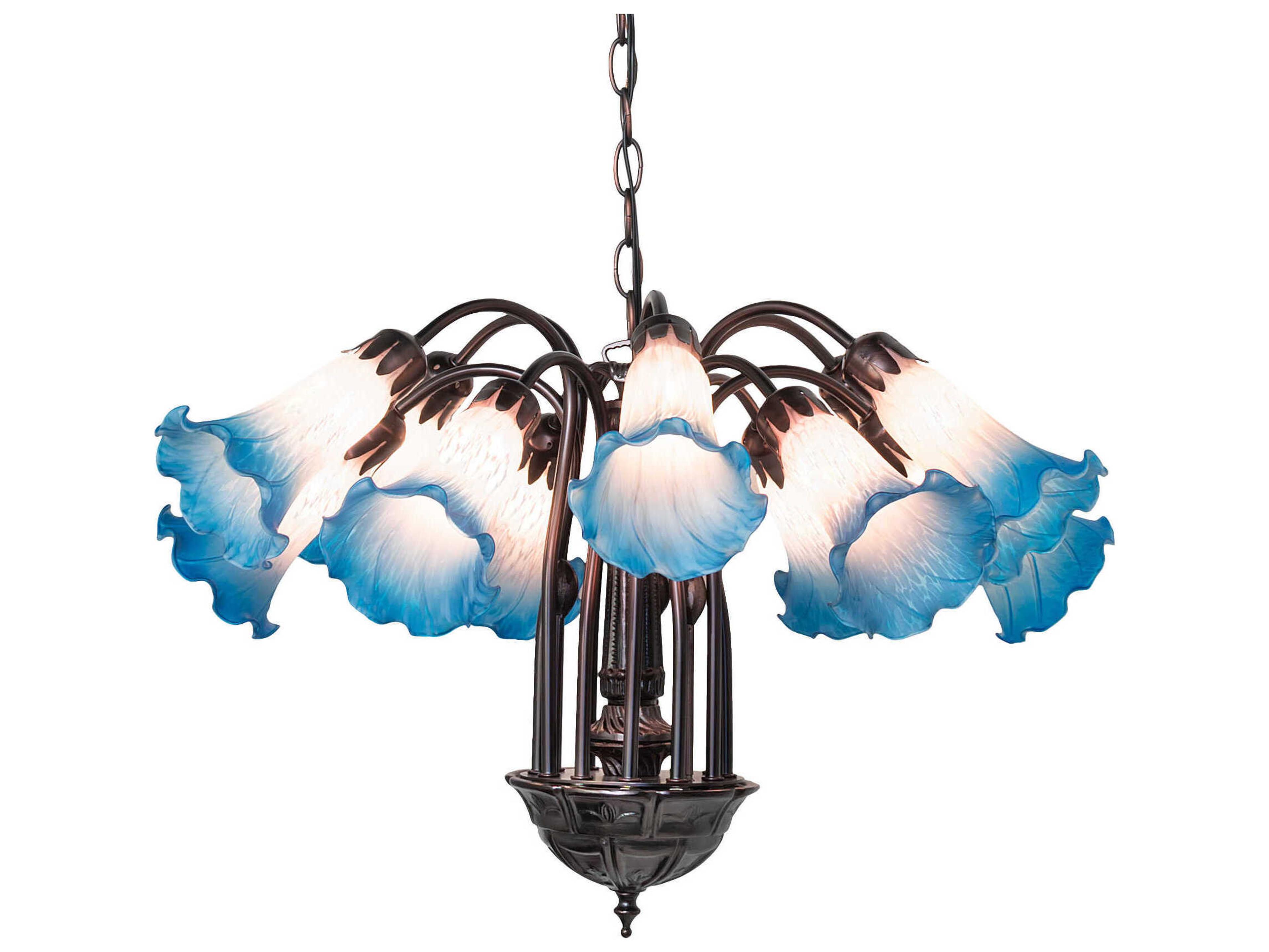 Pond Lily 12-Light Mahogany Bronze Blue Glass Bell Chandelier