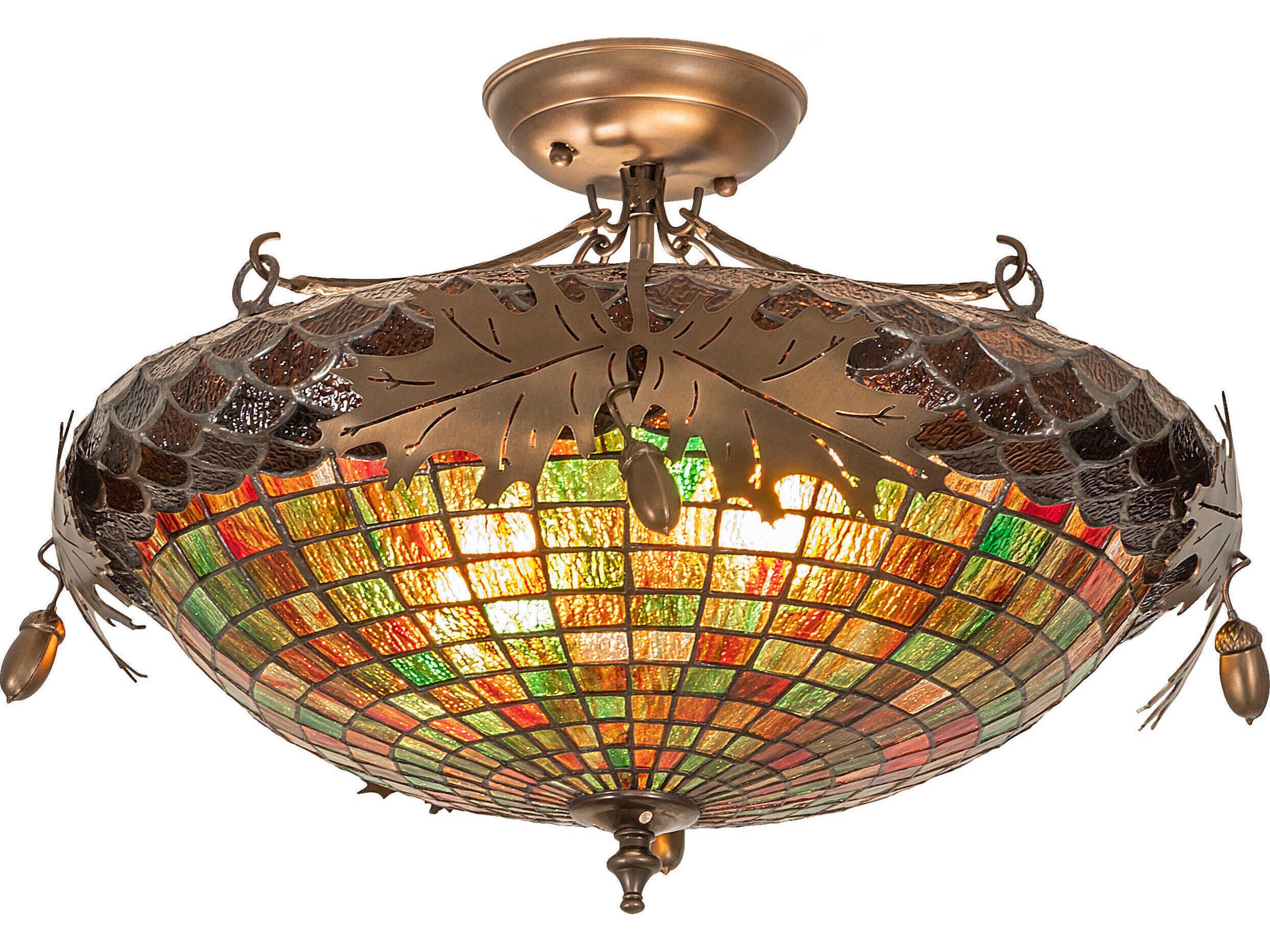 Greenbriar Oak 2-Light Antique Copper Glass Tiffany Bowl Semi Flush Mount
