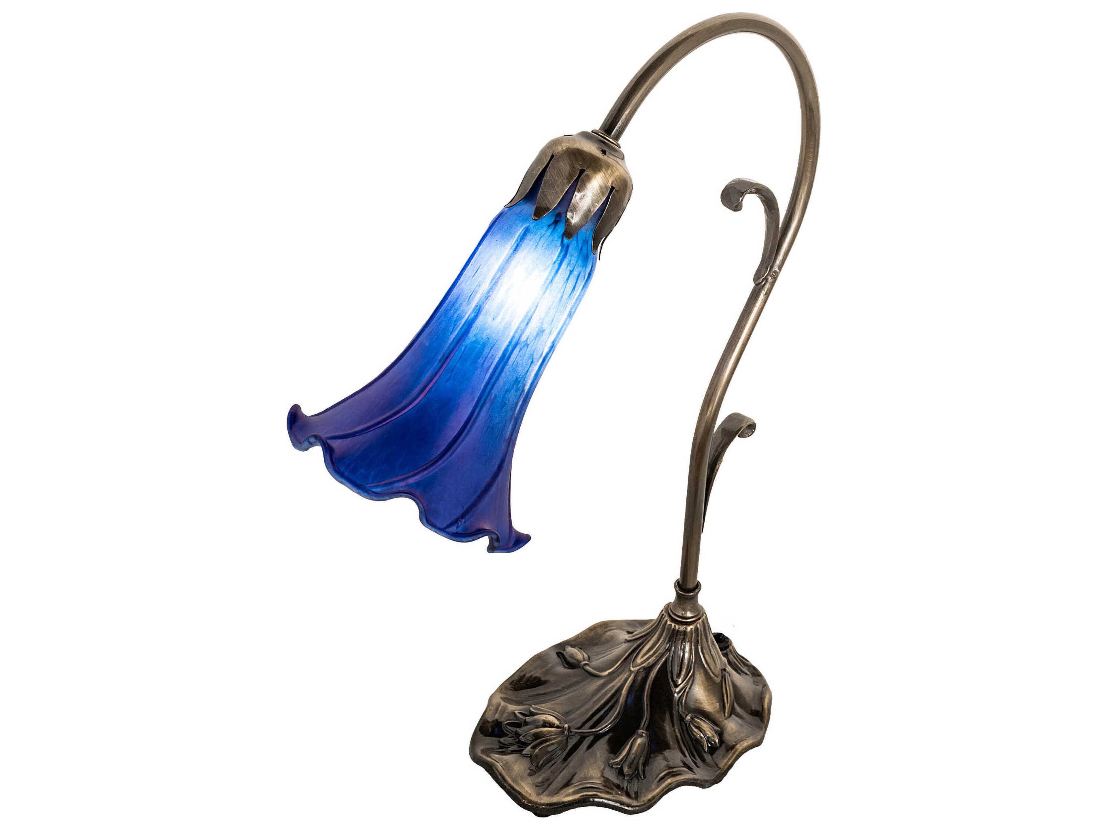 Pond Lily Antique Brass Glass Table Lamp with Blue Shade