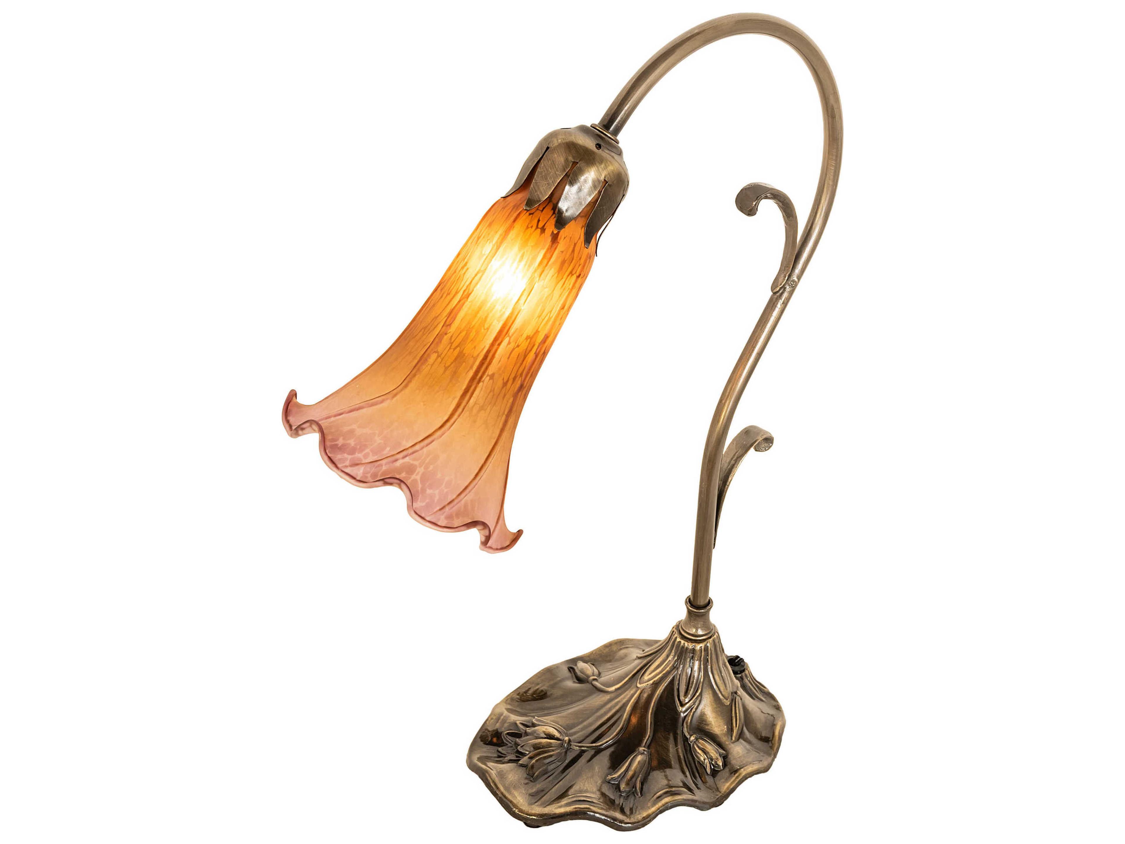 Pond Lily Antique Brass Table Lamp with Amber Glass Violet Shade