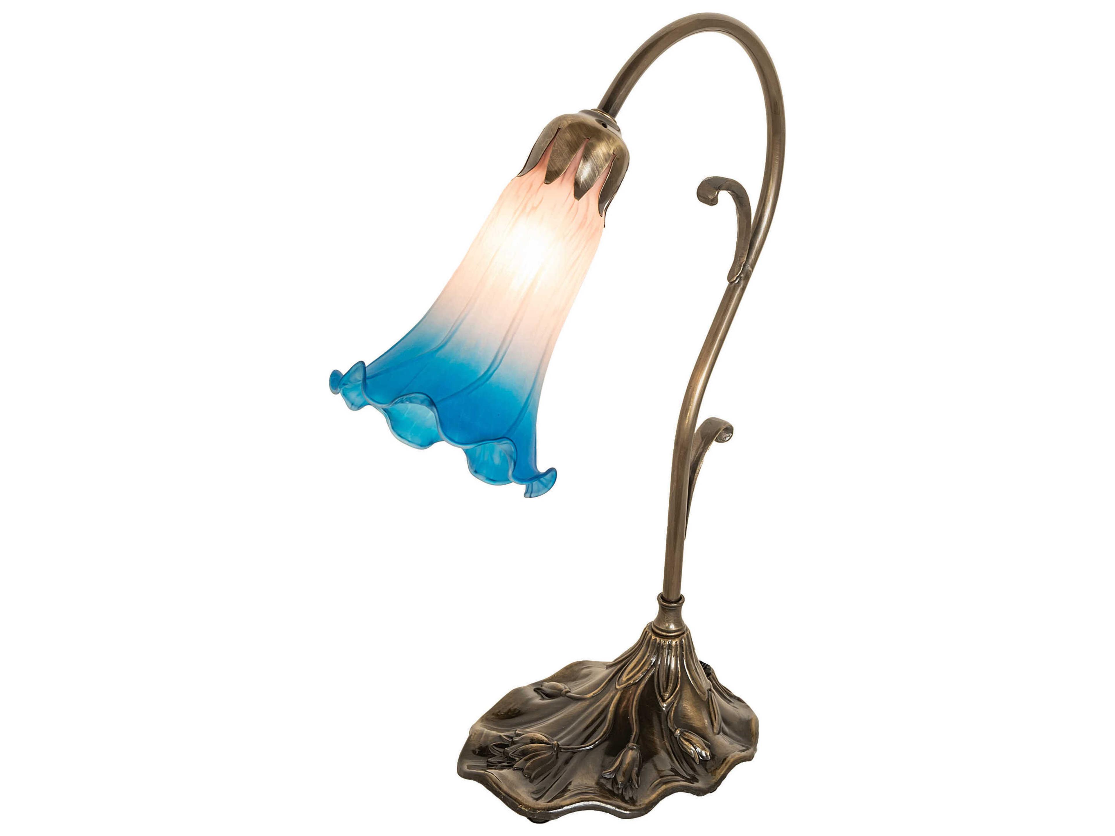 Pond Lily Antique Brass Glass Table Lamp with Pink Blue Shade