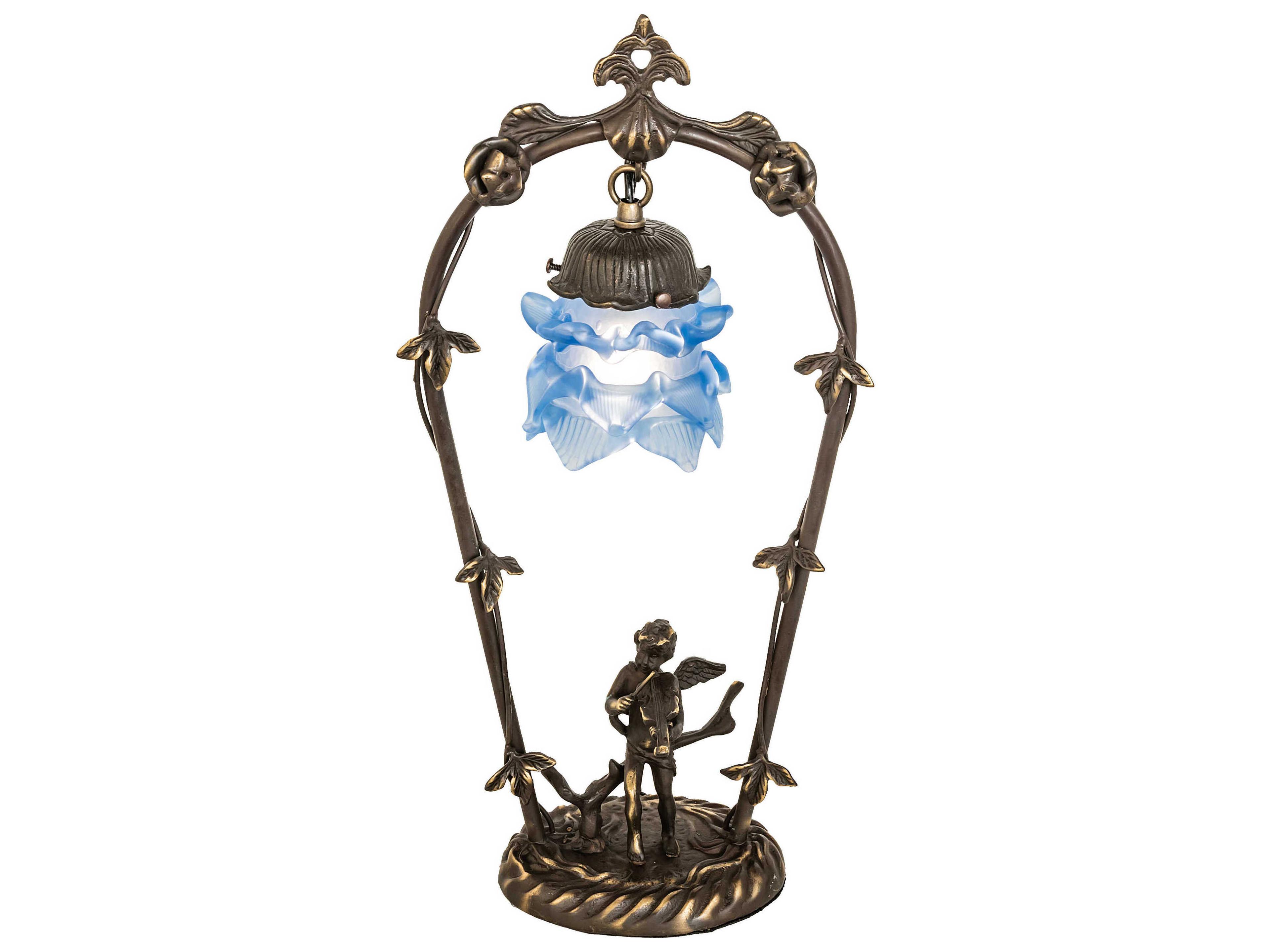 Blue Cherub with Violin Antique Brass Glass Table Lamp
