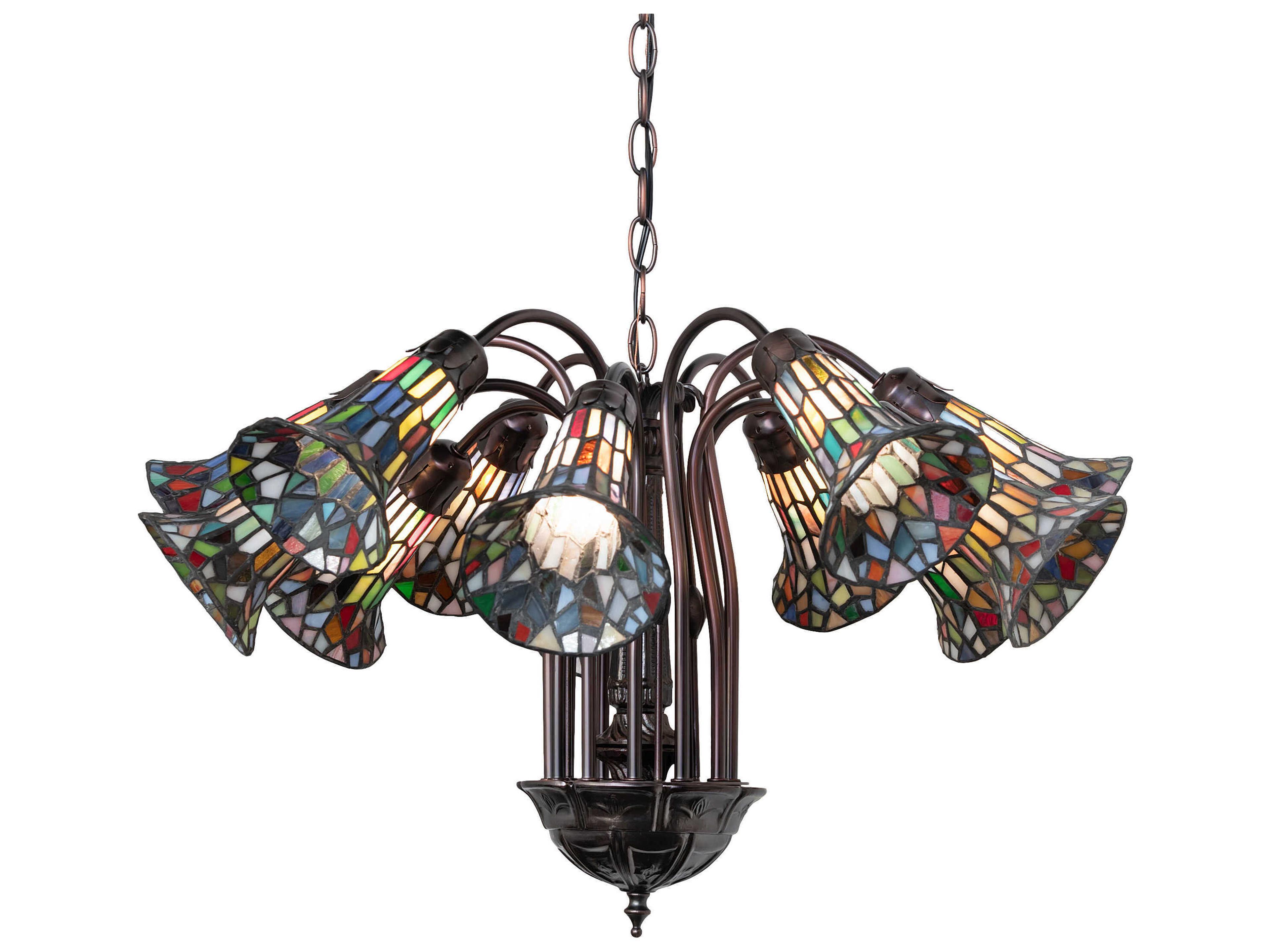 Stained Glass Pond Lily 12-Light Mahogany Bronze Tiffany Bell Chandelier