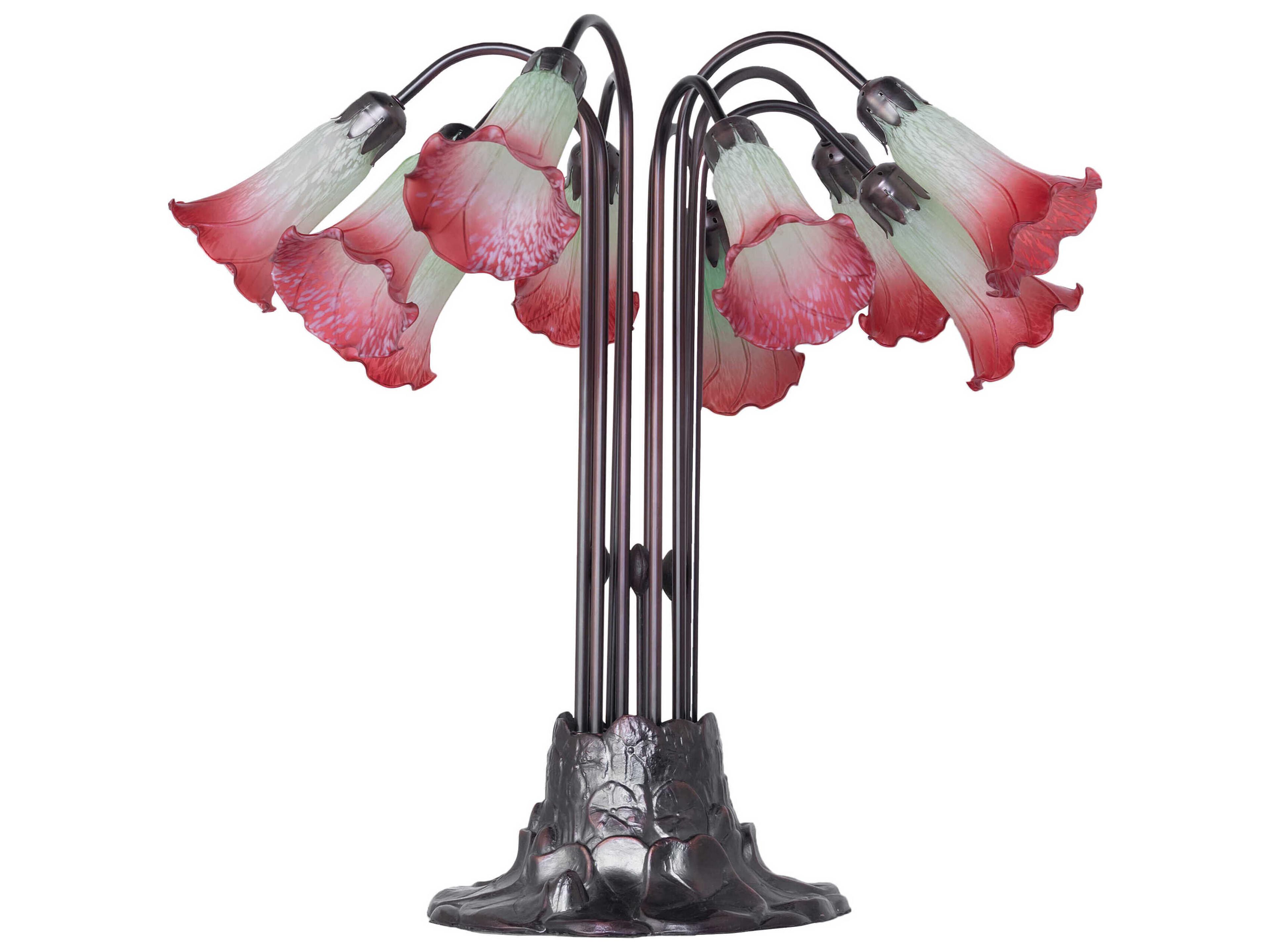 Meyda Pond Lily 10 - Light Mahogany Bronze Seafoam Cranberry Glass Tiffany Table Lamp with Shade