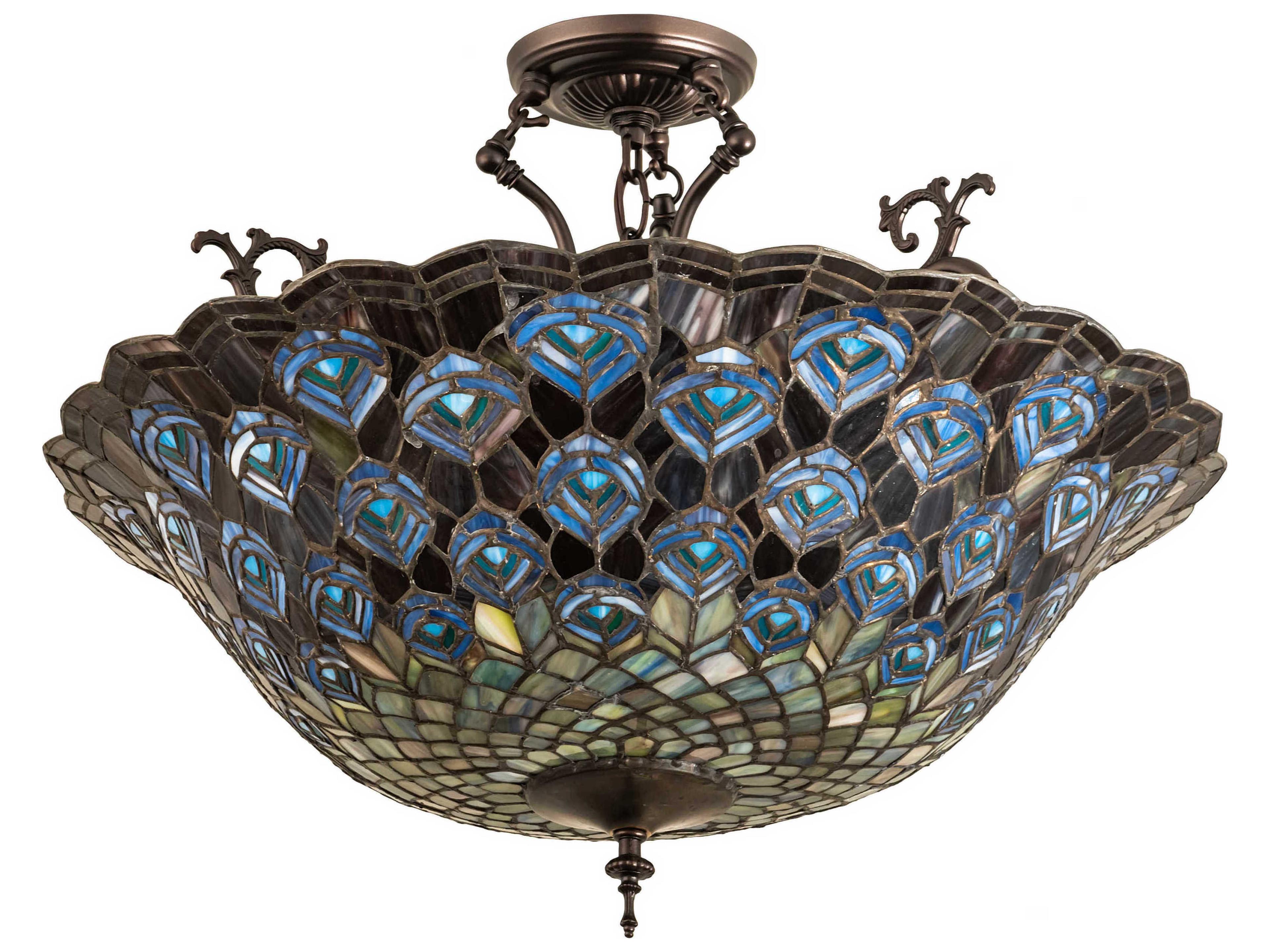 Meyda Peacock Feather 3-Light Blue Violet Beige Teal Off White Glass Tiffany Bowl Semi Flush Mount