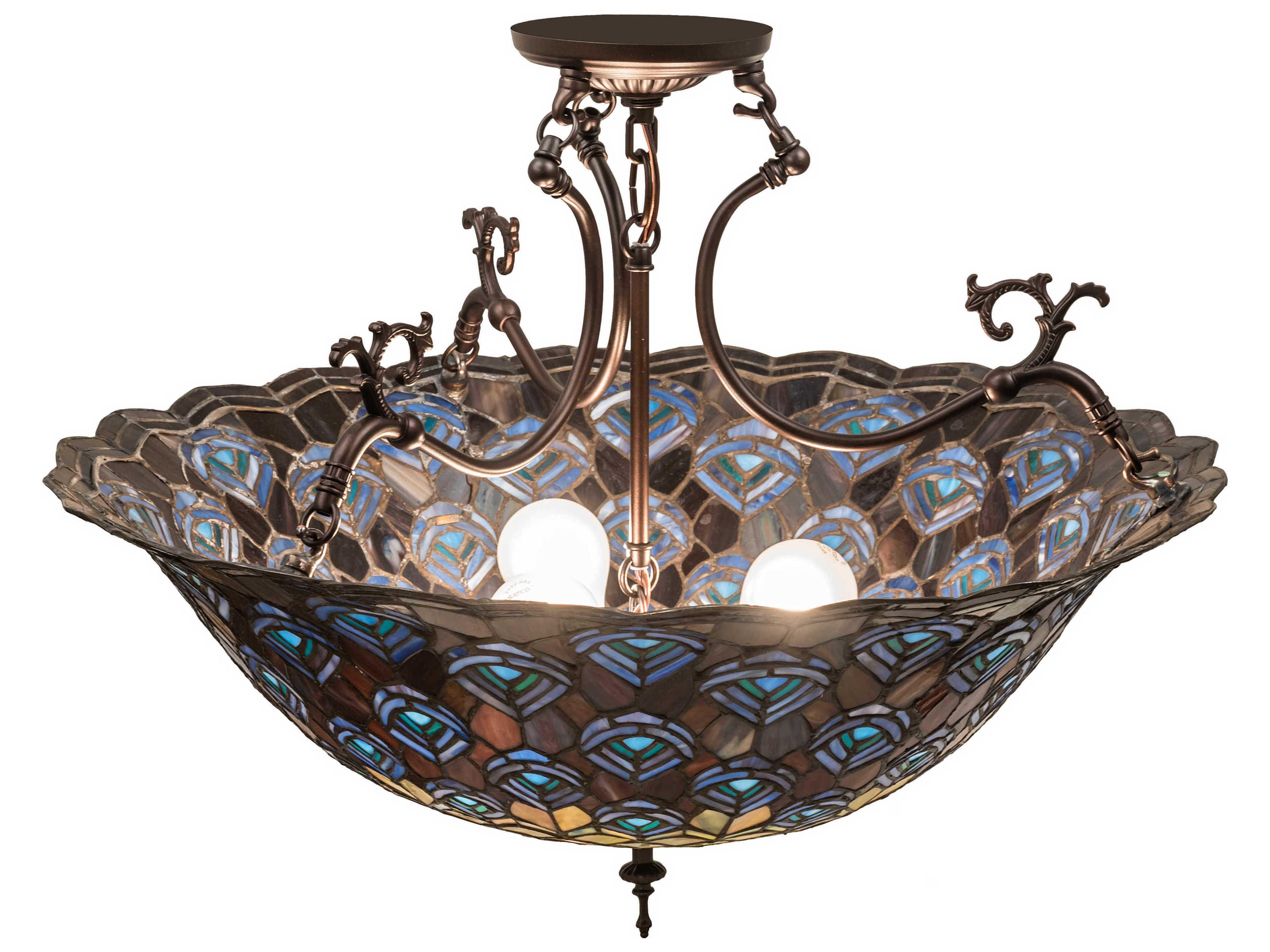 Meyda Peacock Feather 3-Light Blue Violet Beige Teal Off White Glass Tiffany Bowl Semi Flush Mount