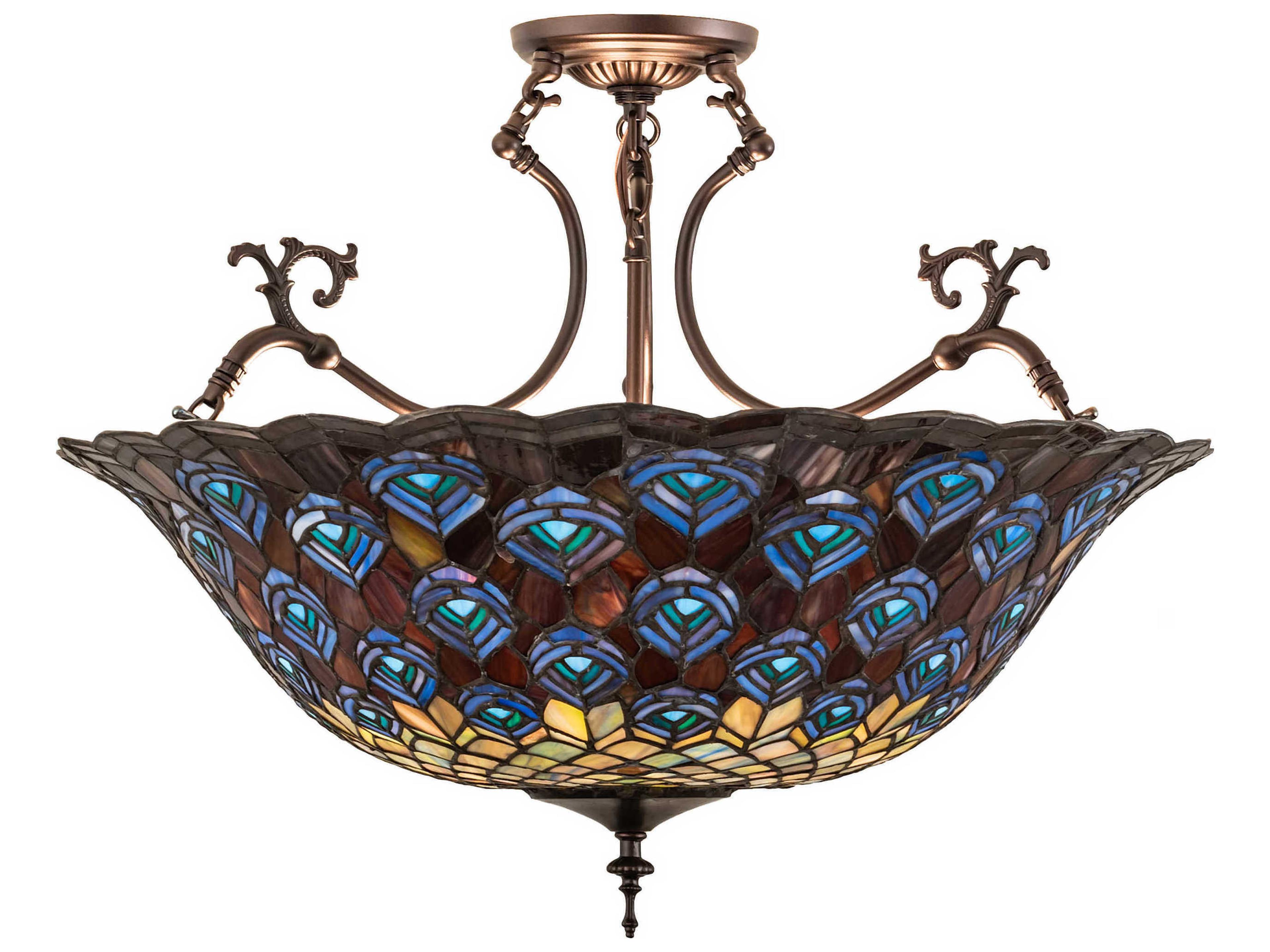 Meyda Peacock Feather 3-Light Blue Violet Beige Teal Off White Glass Tiffany Bowl Semi Flush Mount