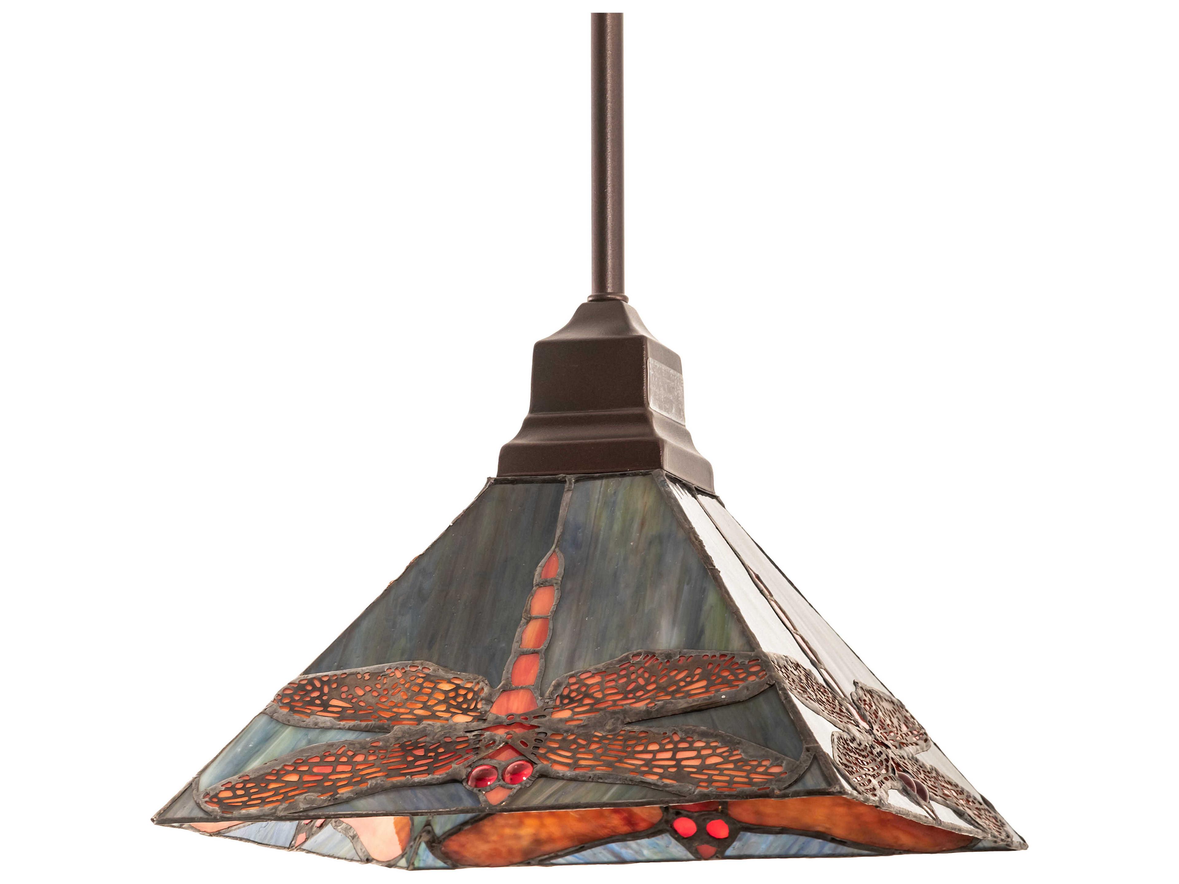 Meyda Prairie 1-Light Ruby Blue Beige White Bronze Glass Tiffany Pendant