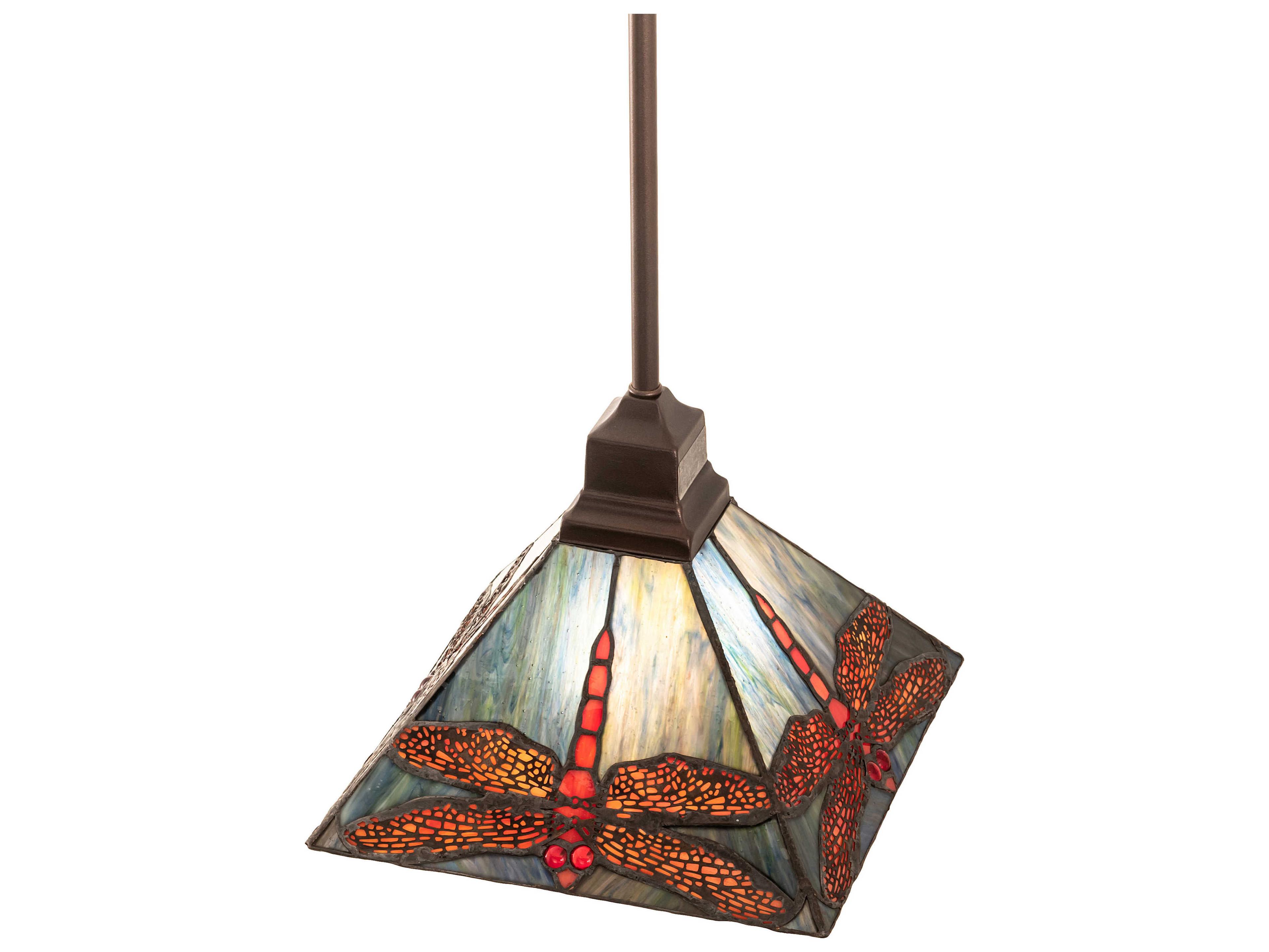 Meyda Prairie 1-Light Ruby Blue Beige White Bronze Glass Tiffany Pendant