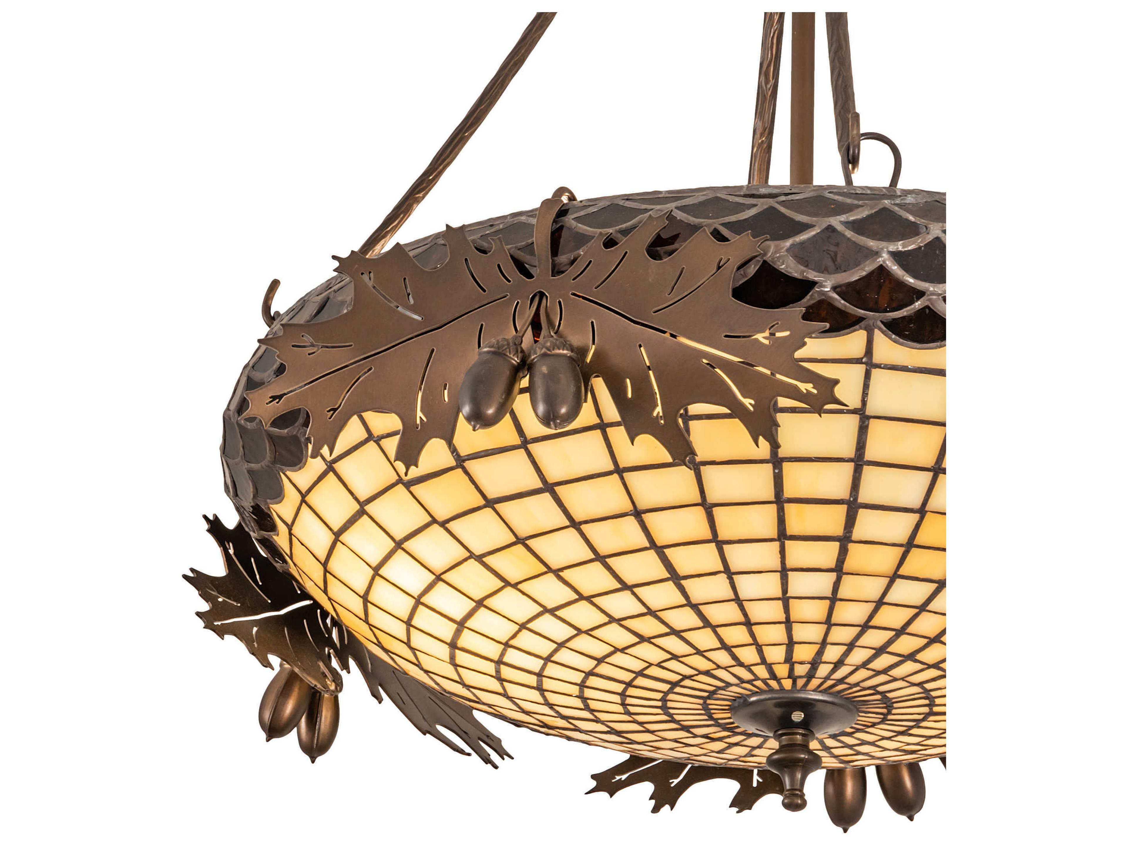 Meyda Oak Leaf & Acorn 2-Light Antique Copper Brown Glass Bowl Pendant