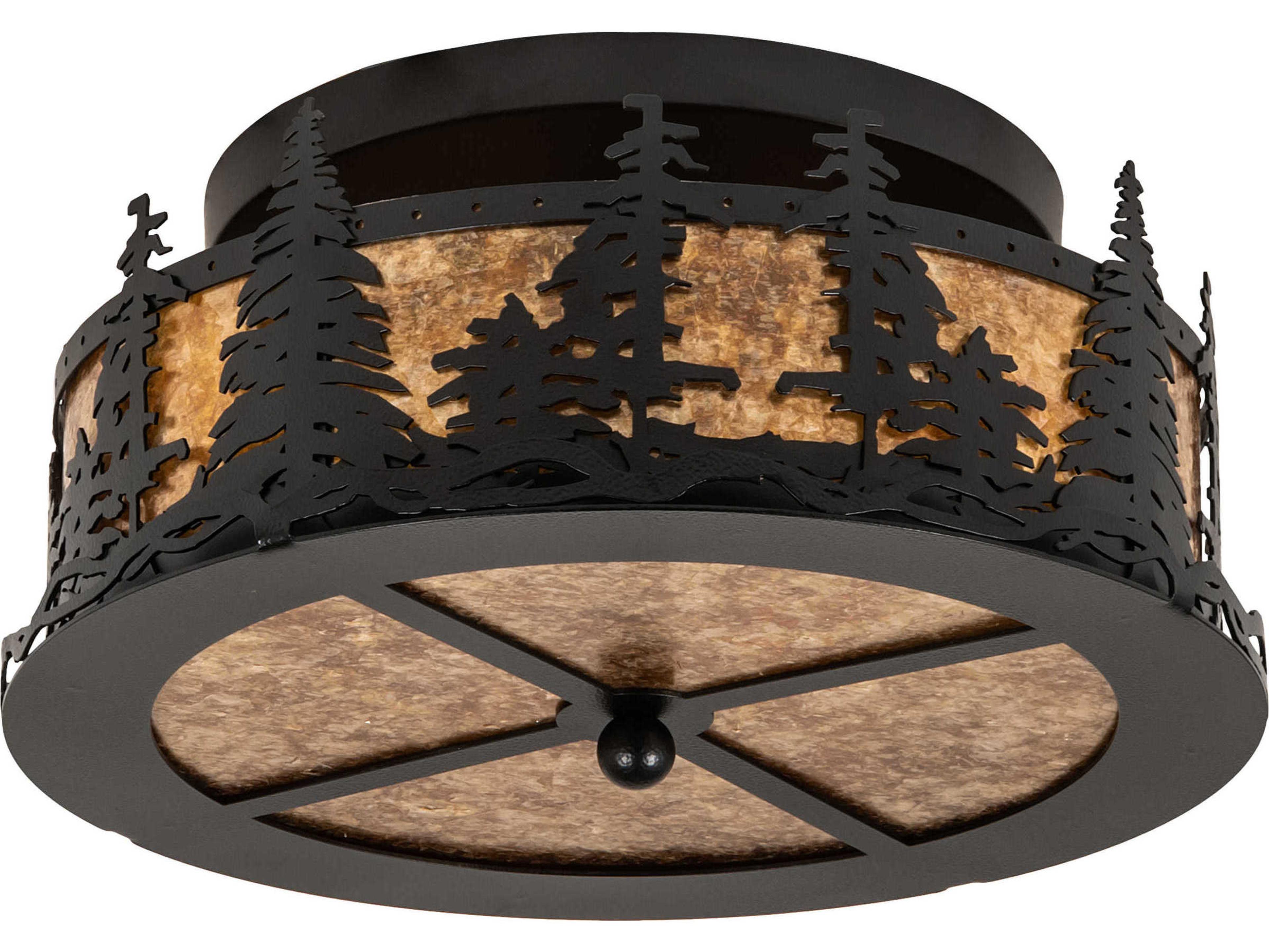 Meyda Tall Pines 2-Light Black Amber Mica Brown Drum Flush Mount