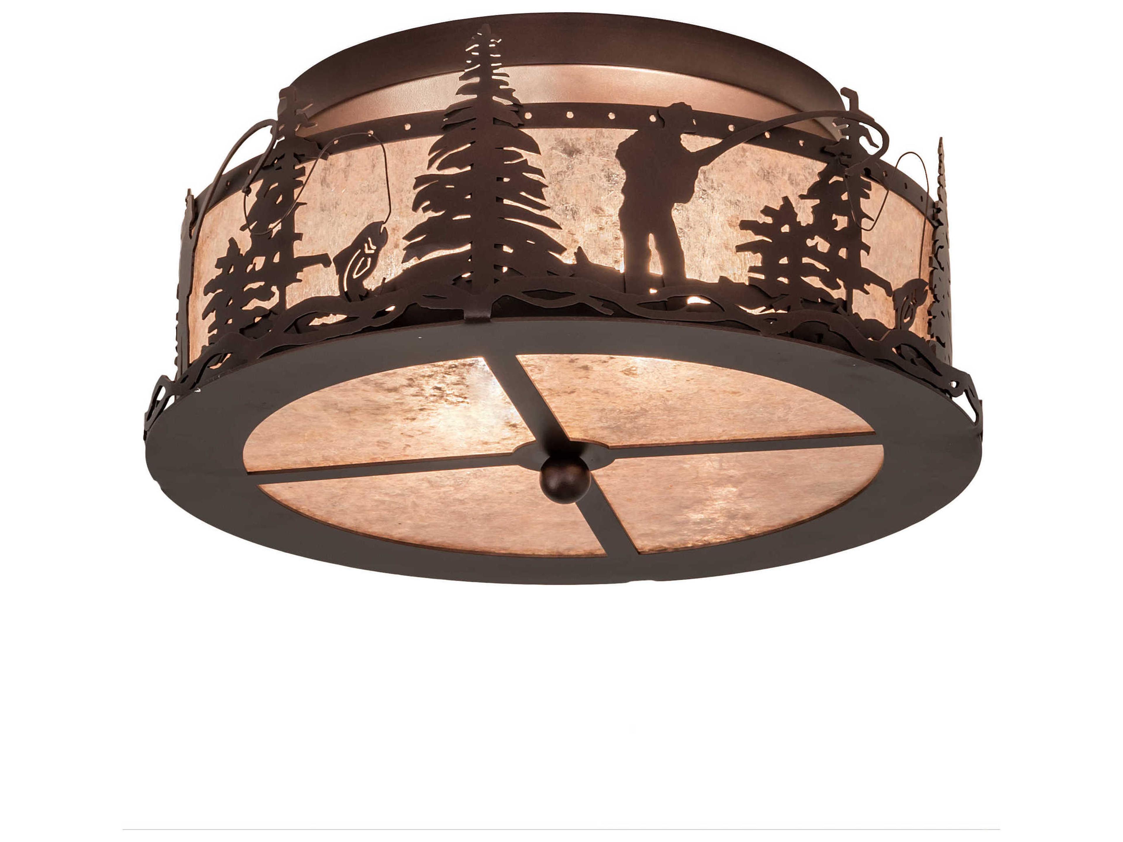 Meyda Fly Fishing 2-Light Mahogany Bronze Silver Drum Flush Mount