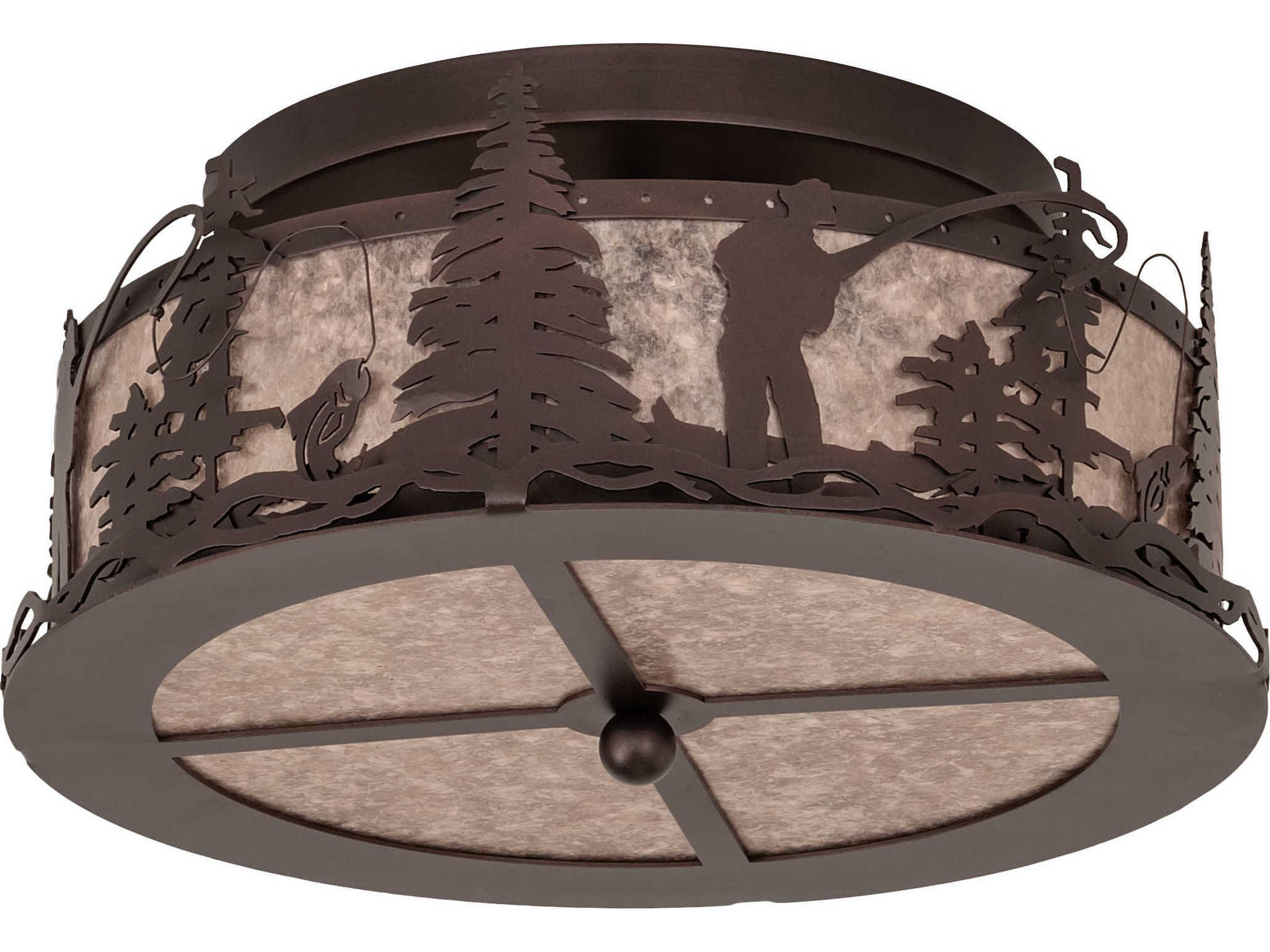 Meyda Fly Fishing 2-Light Mahogany Bronze Silver Drum Flush Mount