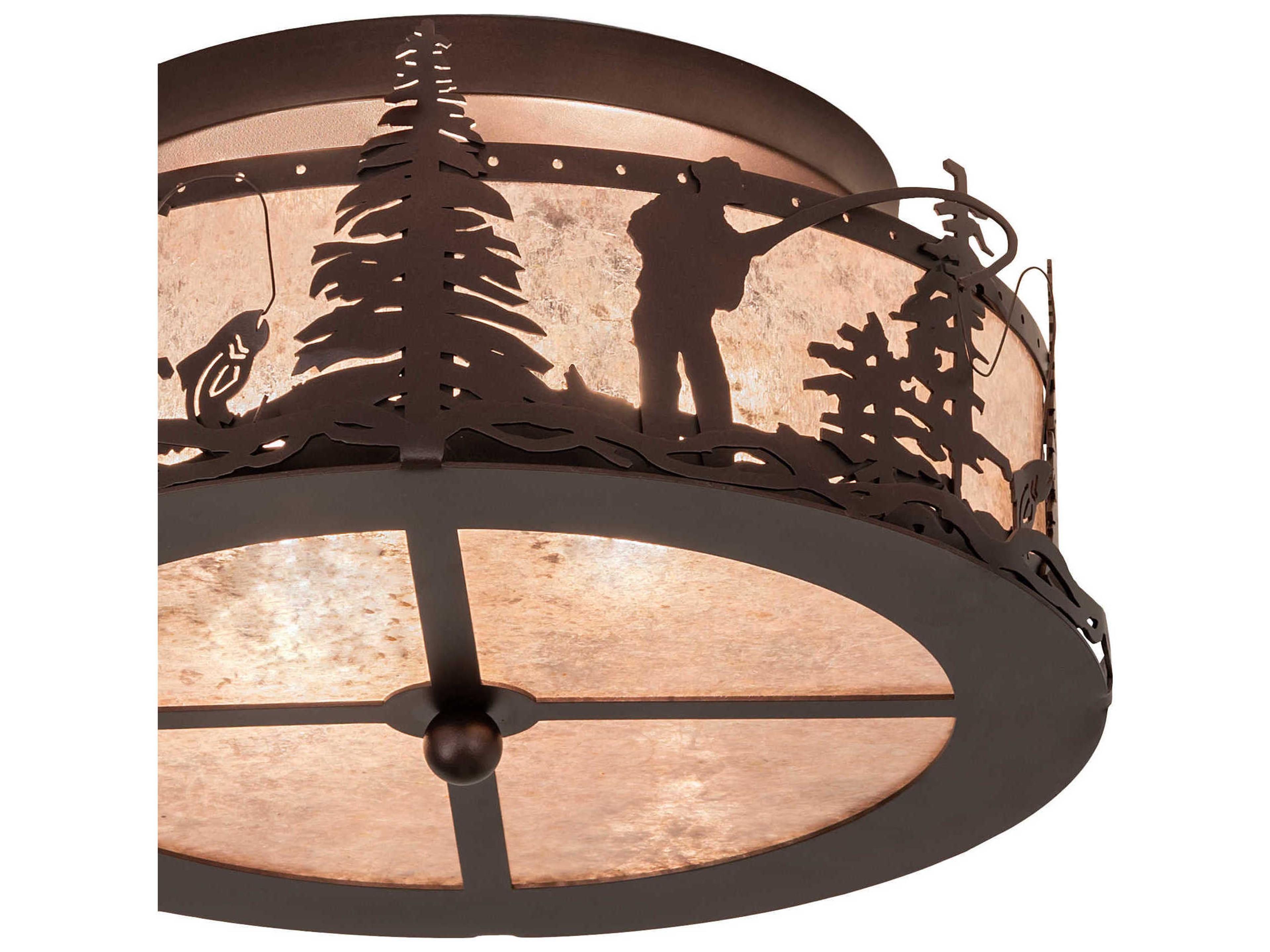 Meyda Fly Fishing 2-Light Mahogany Bronze Silver Drum Flush Mount