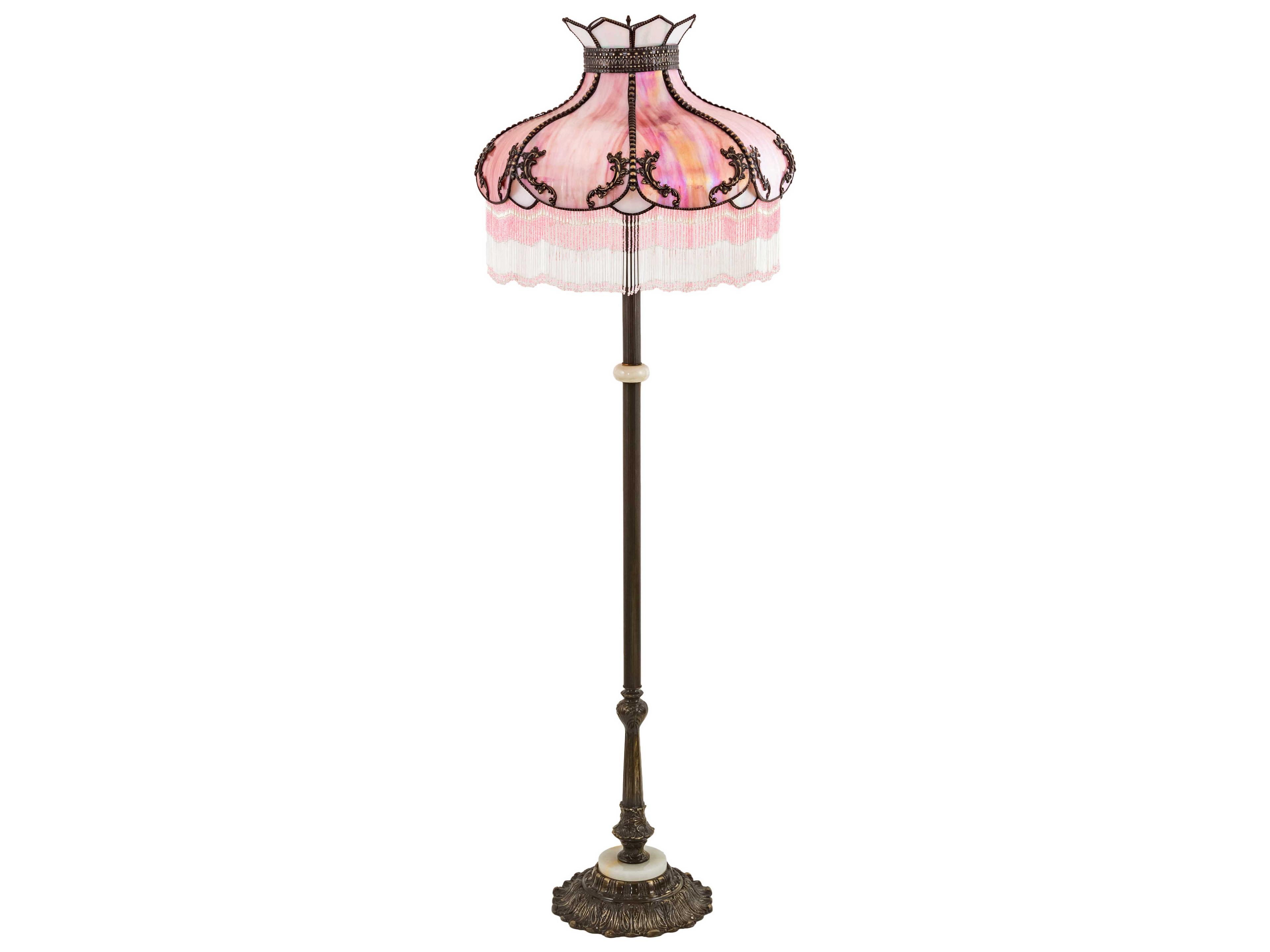 Meyda Elizabeth Glass Tiffany Antique Brass Pink Floor Lamp