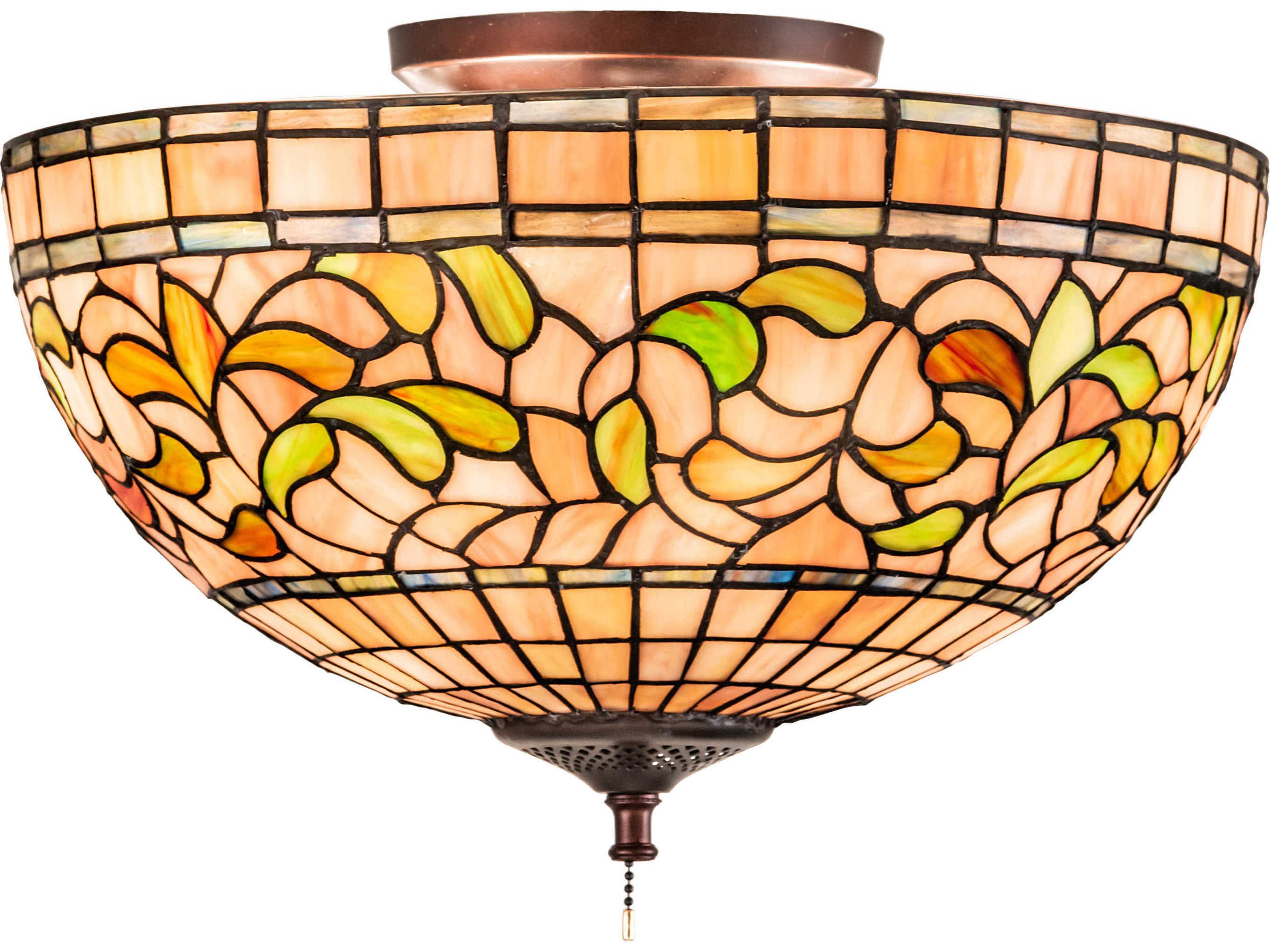Meyda Tiffany Turning Leaf 3-Light Mauve Beige Green Glass Bowl Flush Mount