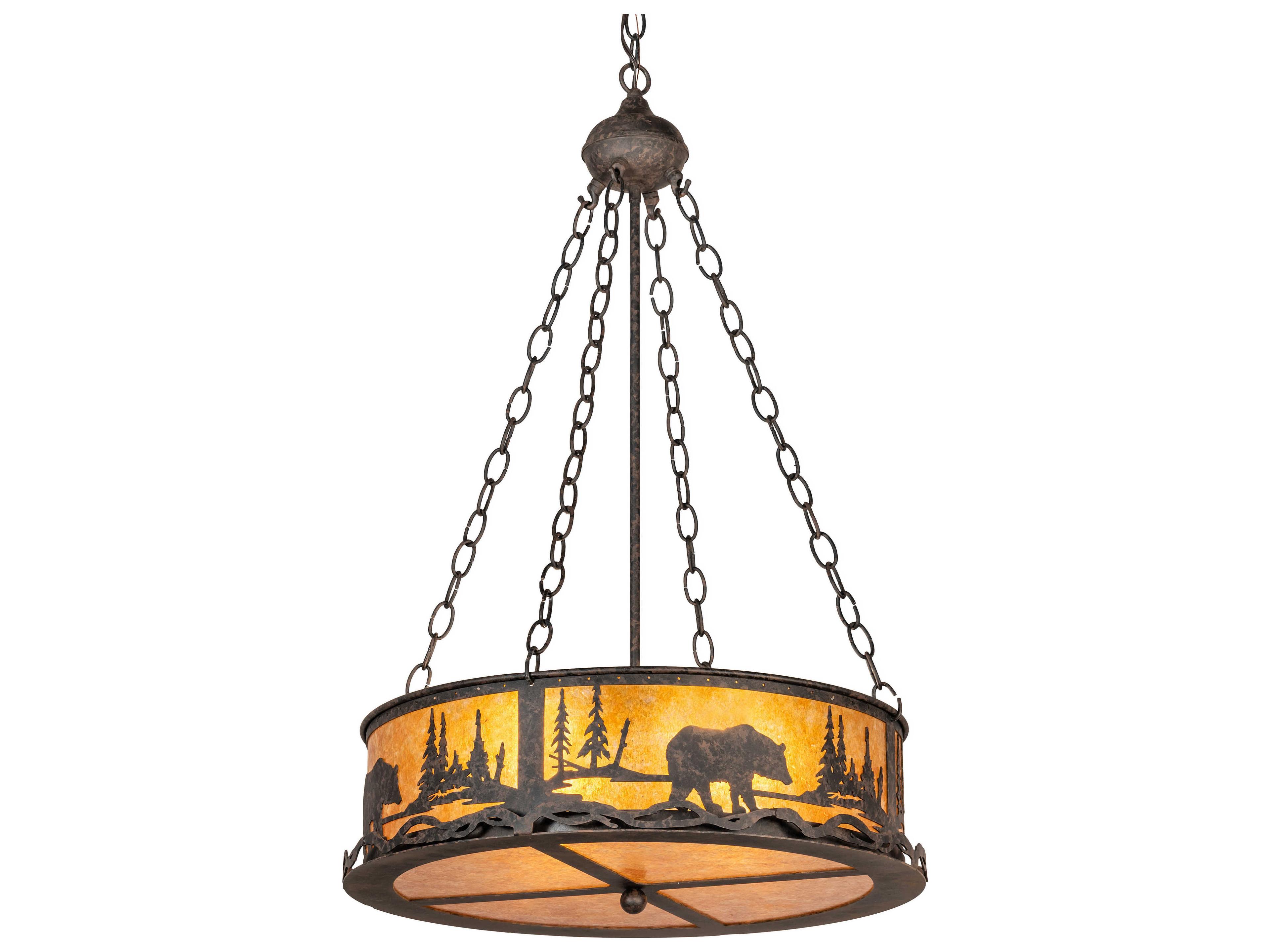 Meyda Bear At Lake 4-Light Chocolate Amber Mica Brown Drum Pendant