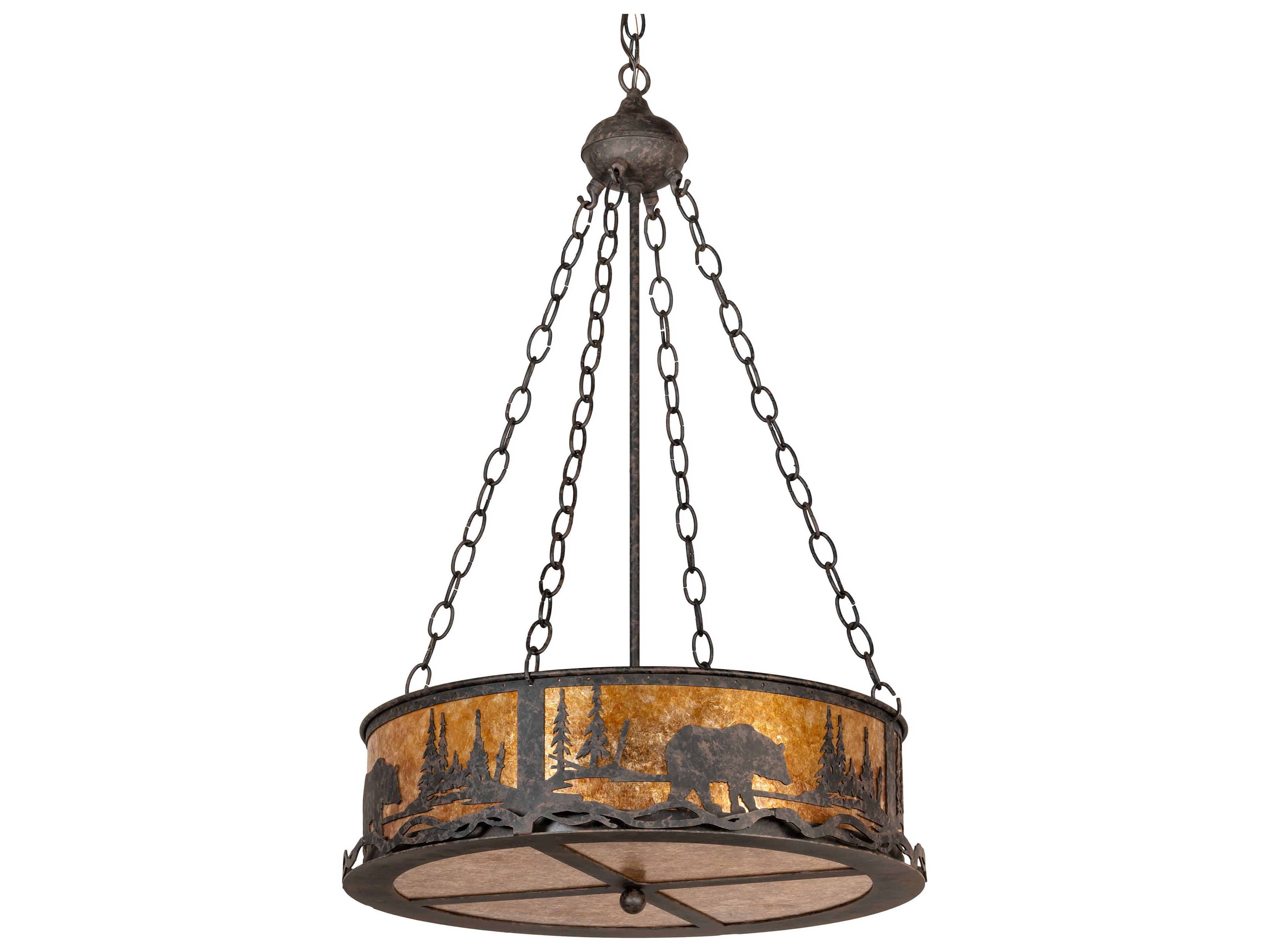 Meyda Bear At Lake 4-Light Chocolate Amber Mica Brown Drum Pendant