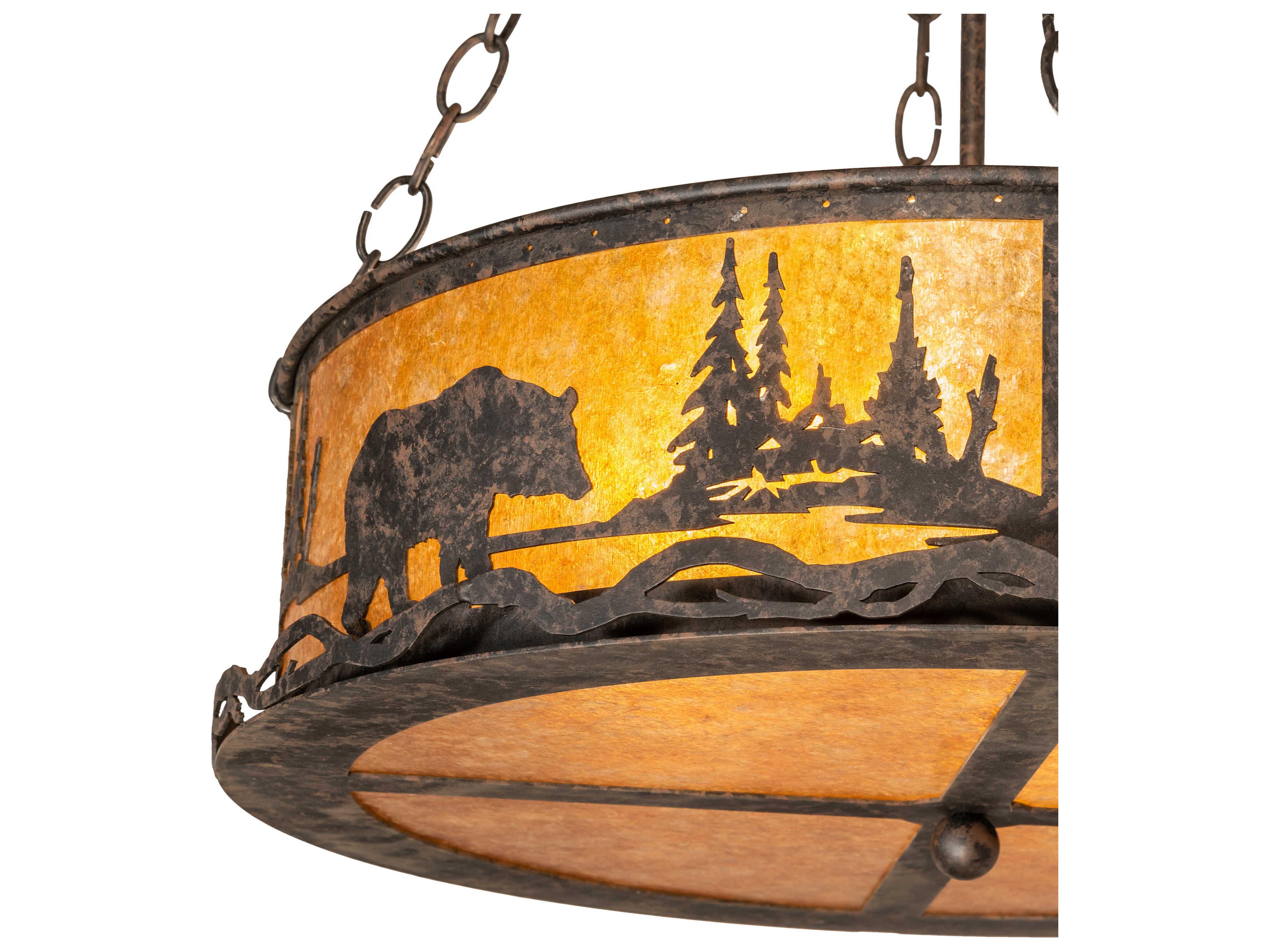 Meyda Bear At Lake 4-Light Chocolate Amber Mica Brown Drum Pendant