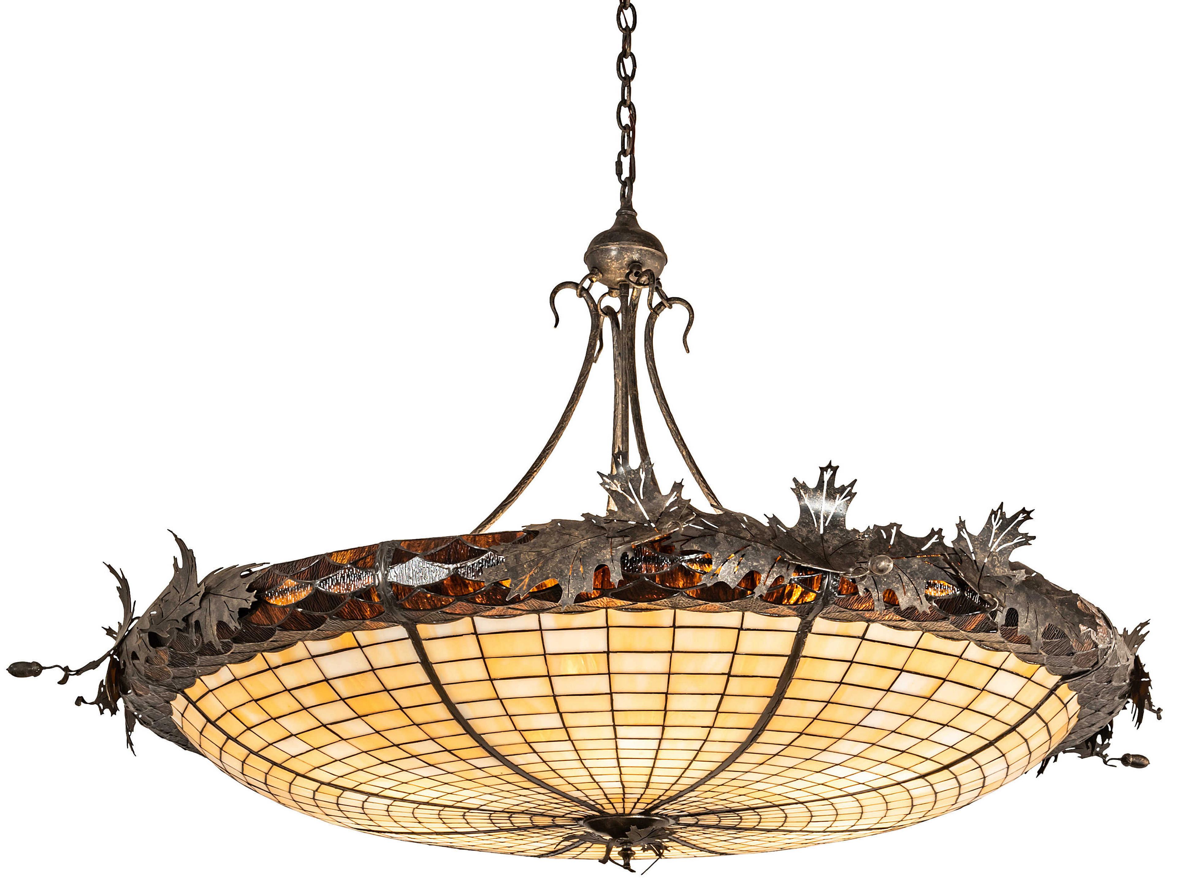 Meyda Oak Leaf & Acorn 6-Light Bronze Gold Glass Tiffany Bowl Pendant