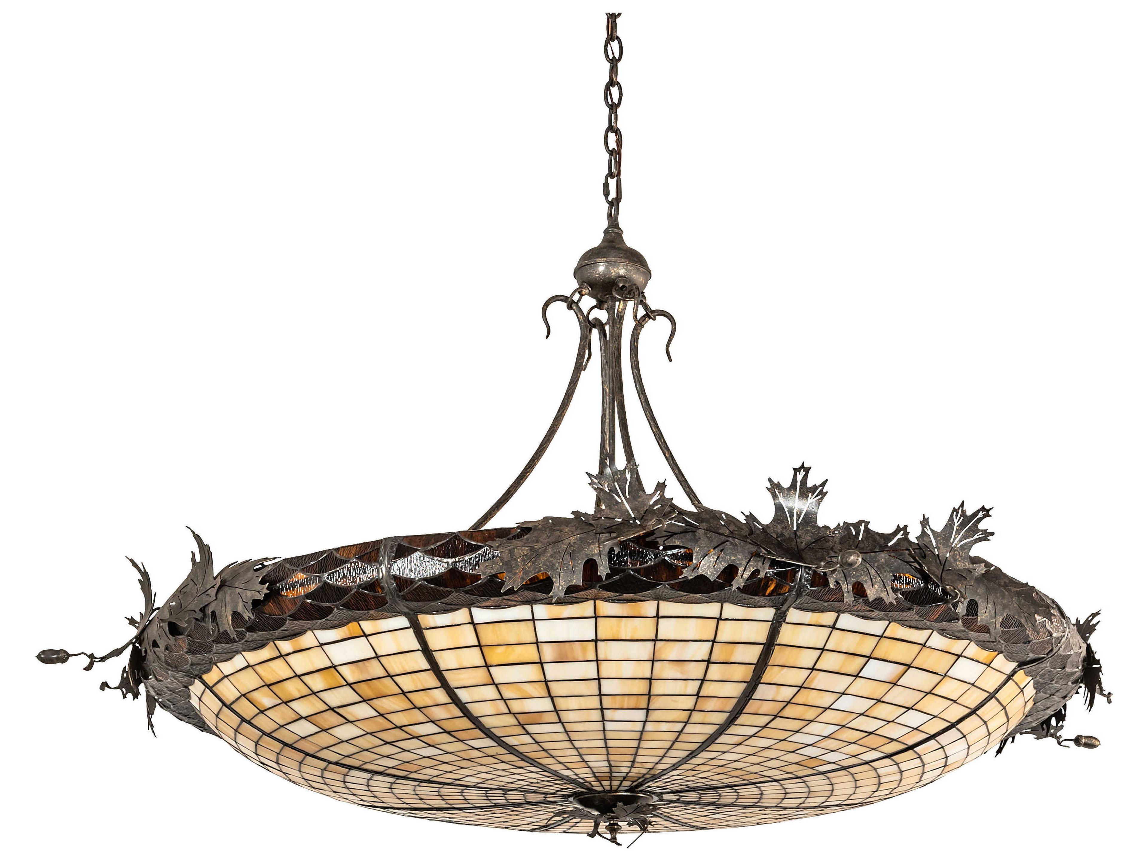 Meyda Oak Leaf & Acorn 6-Light Bronze Gold Glass Tiffany Bowl Pendant