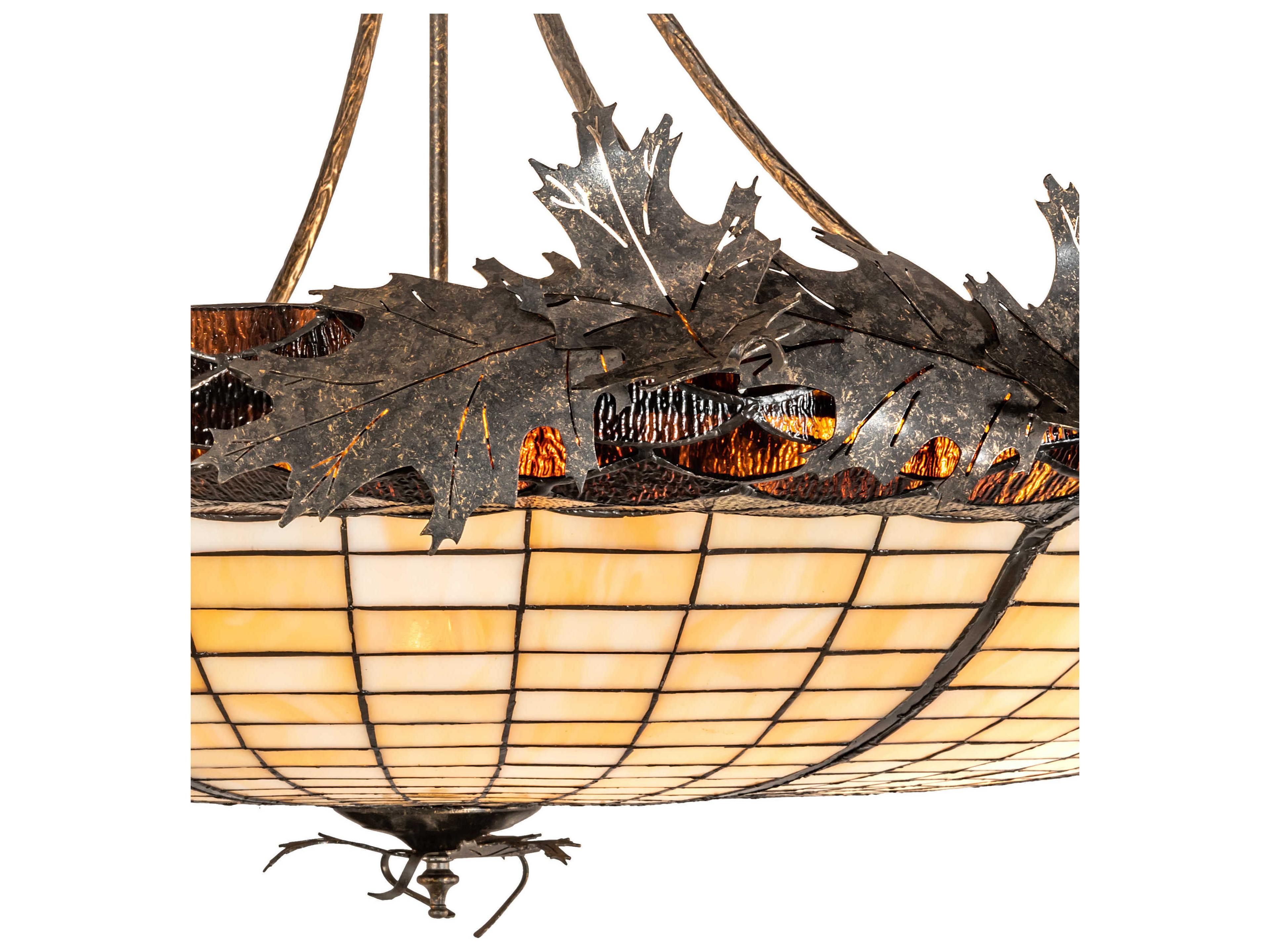 Meyda Oak Leaf & Acorn 6-Light Bronze Gold Glass Tiffany Bowl Pendant