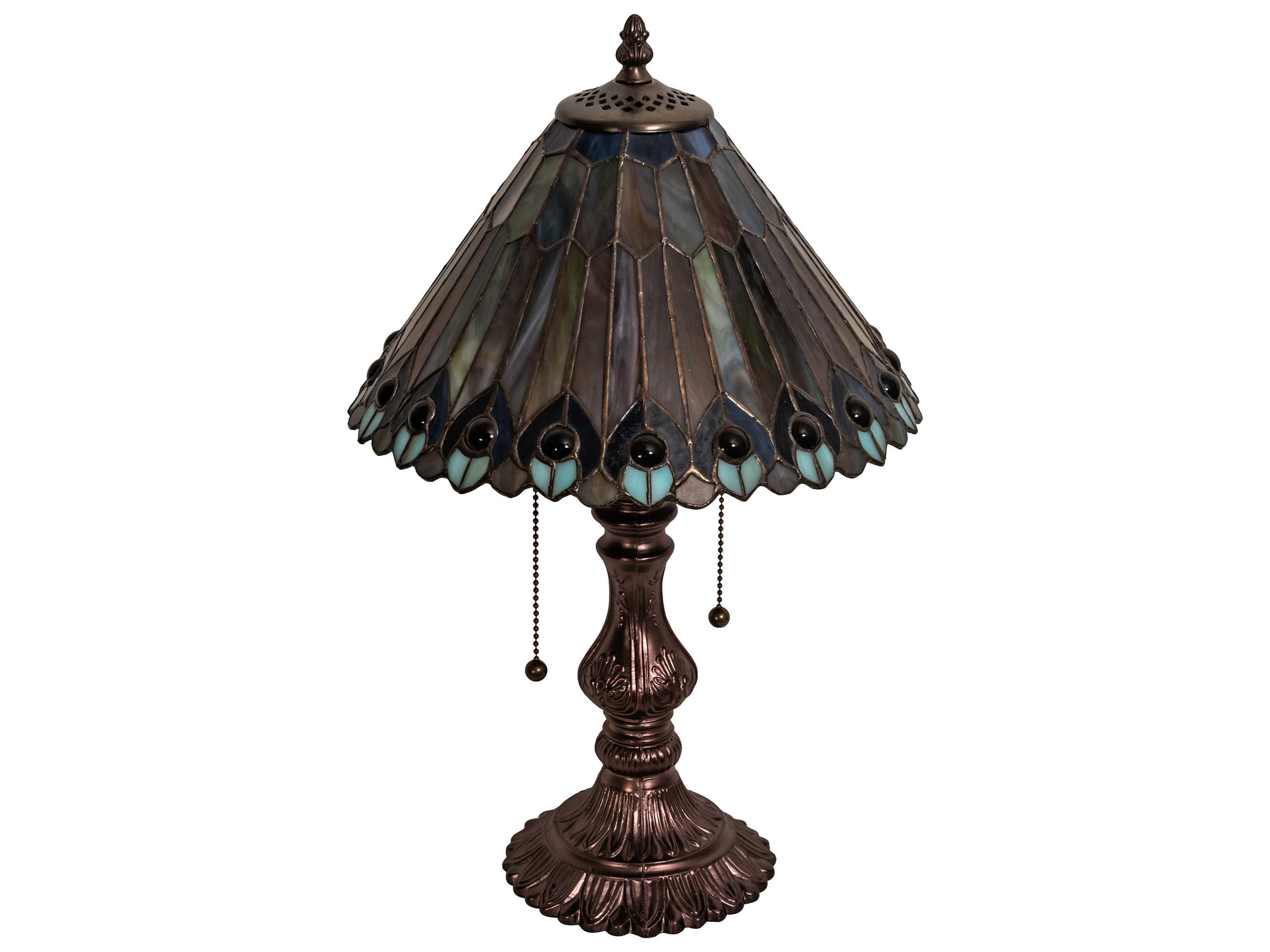 Meyda Tiffany Jeweled Peacock Glass Mahogany Bronze Blue Table Lamp