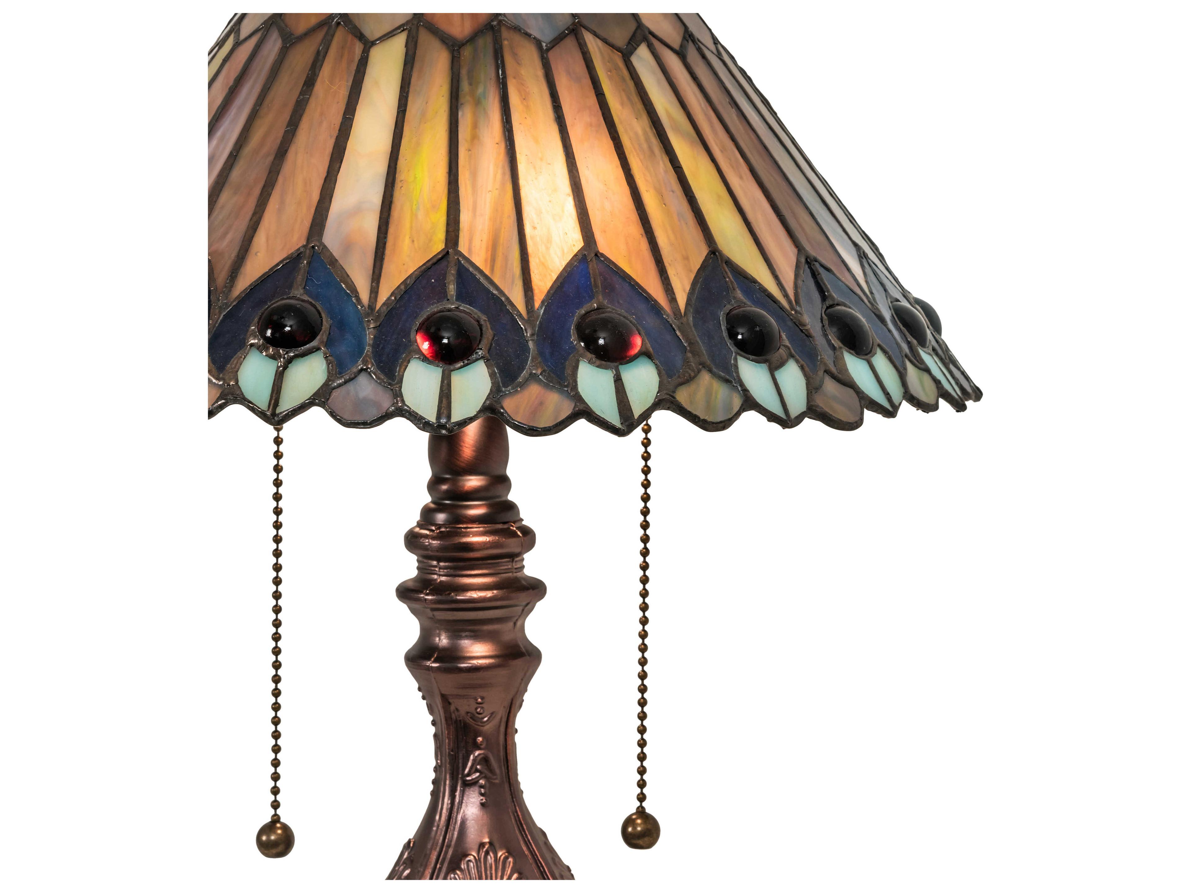 Meyda Tiffany Jeweled Peacock Glass Mahogany Bronze Blue Table Lamp