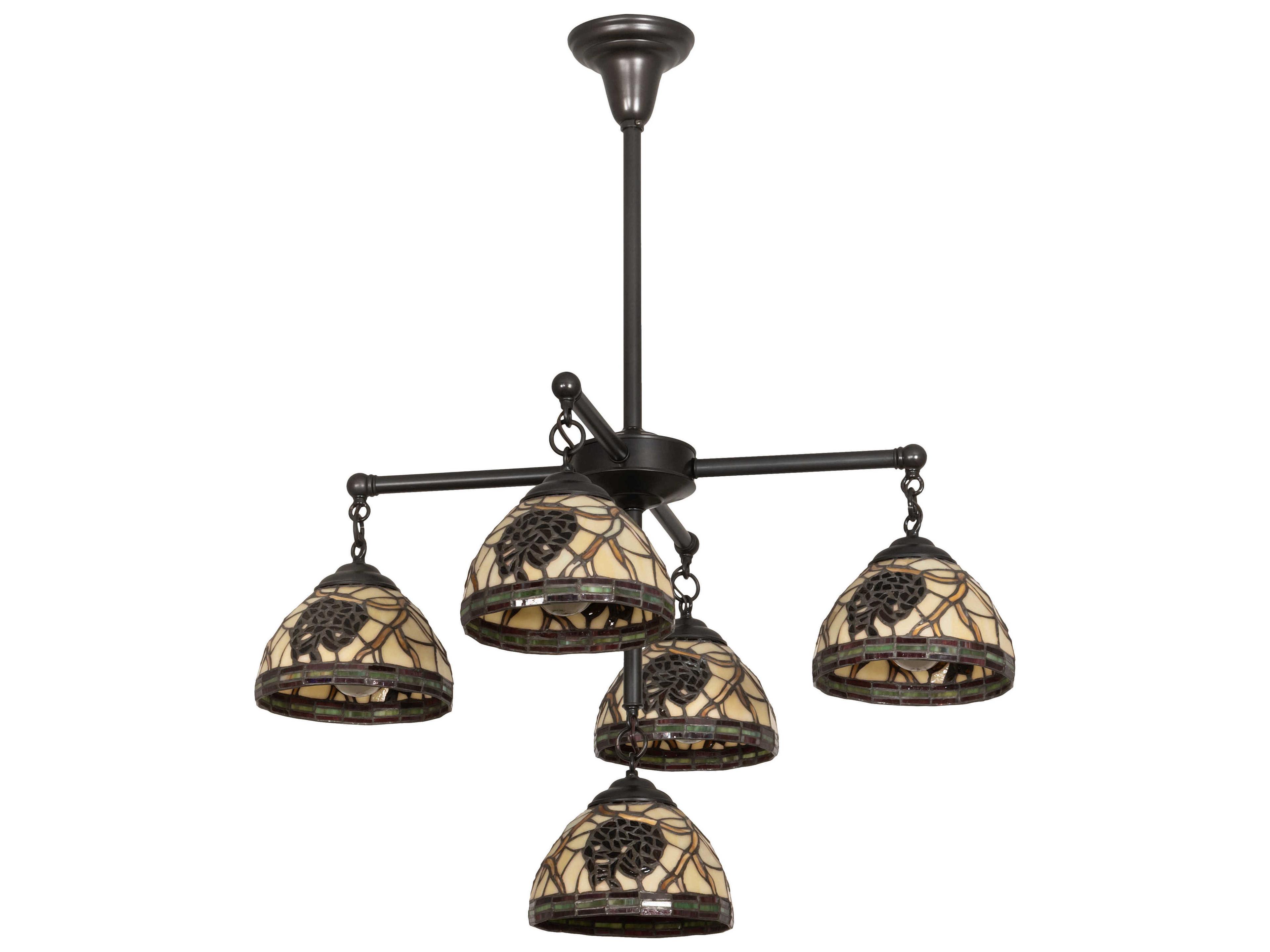 Meyda Pinecone 5-Light Craftsman Brown Green Glass Tiffany Bowl Chandelier